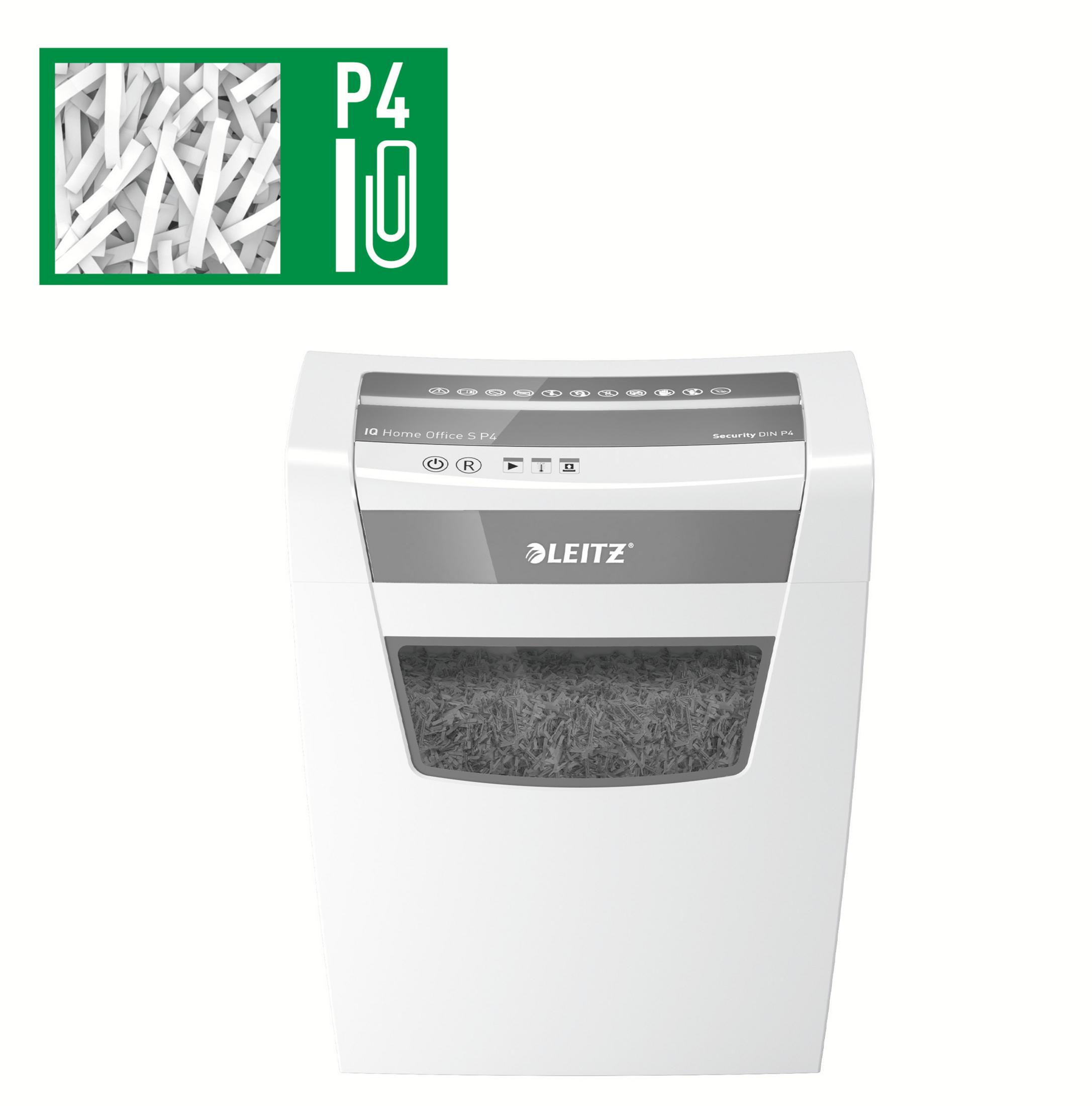 Une déchiqueteuse à papier blanche avec le logo Leitz et du papier déchiqueté dans le bac.