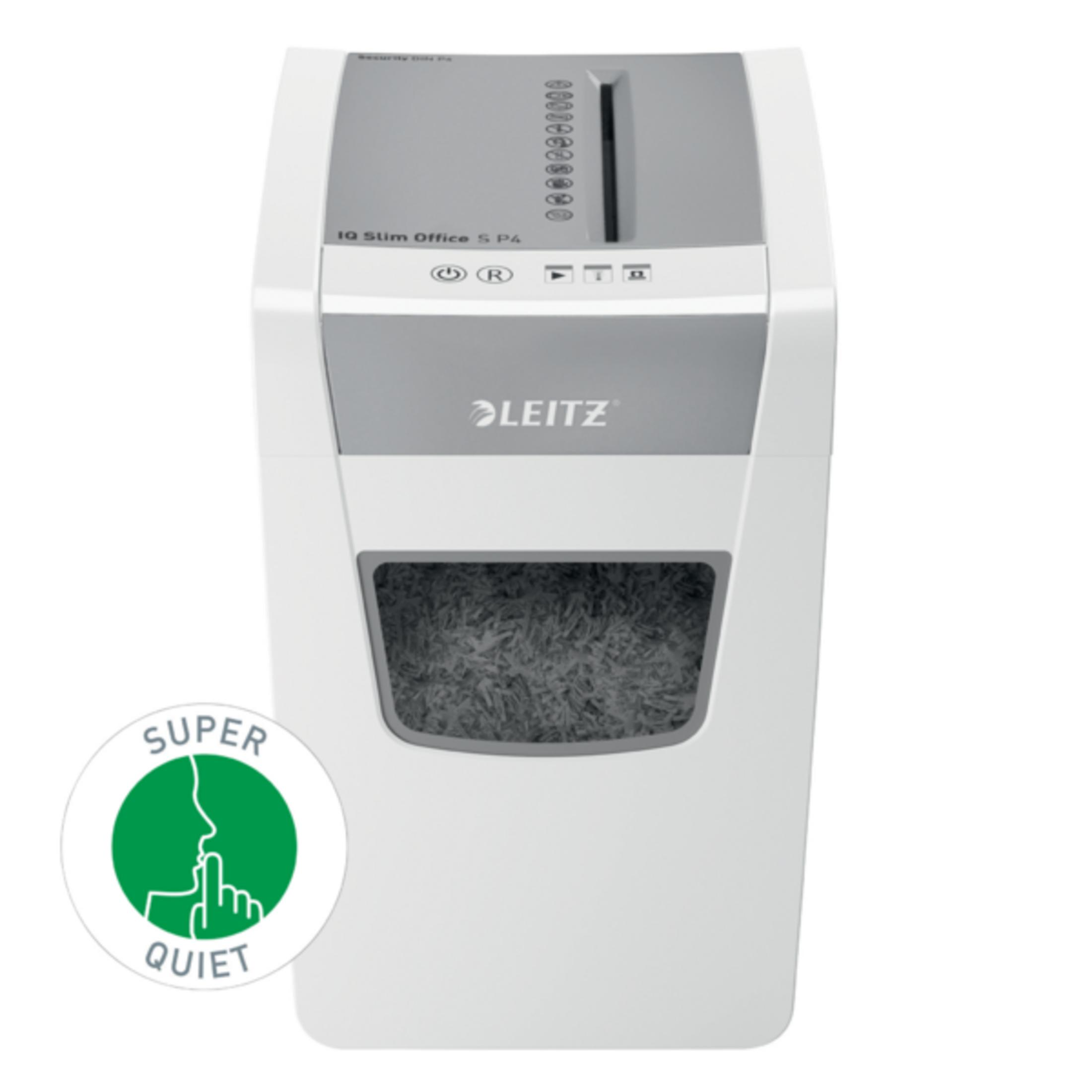 Déchiqueteuse à papier Leitz blanche avec papier déchiqueté visible par une fenêtre.