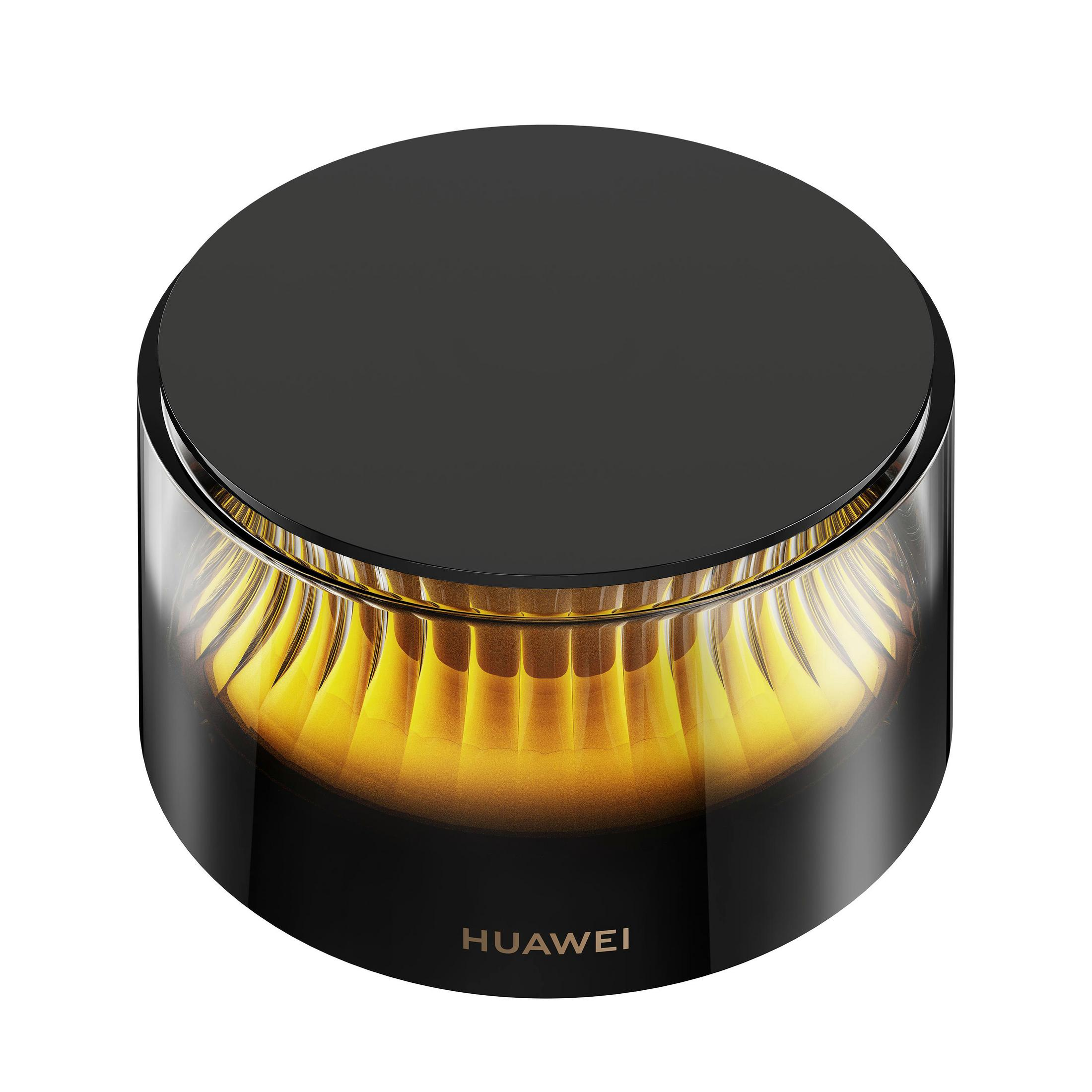 Dispositivo Huawei negro con luz dorada interior y cristal acanalado.