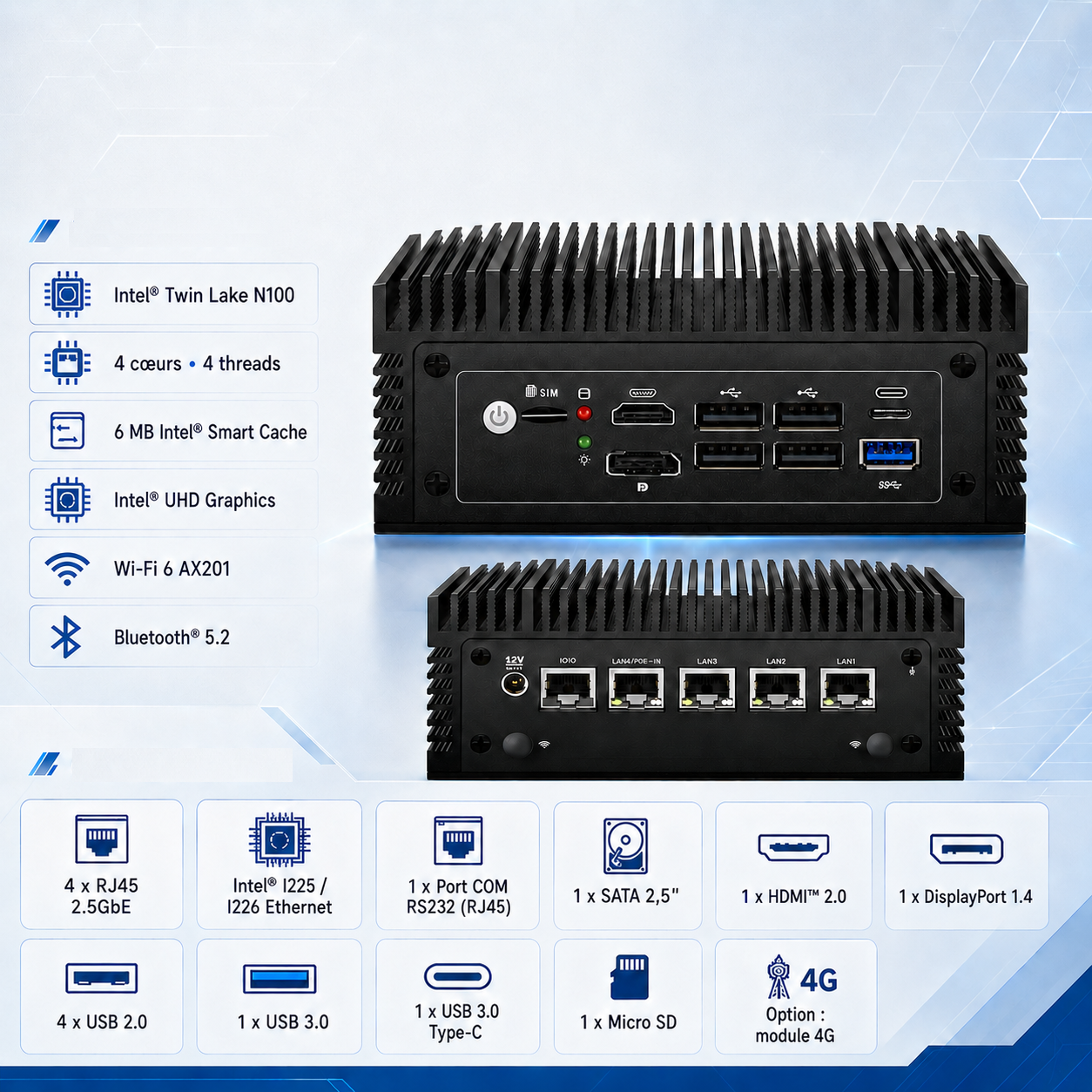 Computadora negra compacta con rejillas, puertos y especificaciones.
