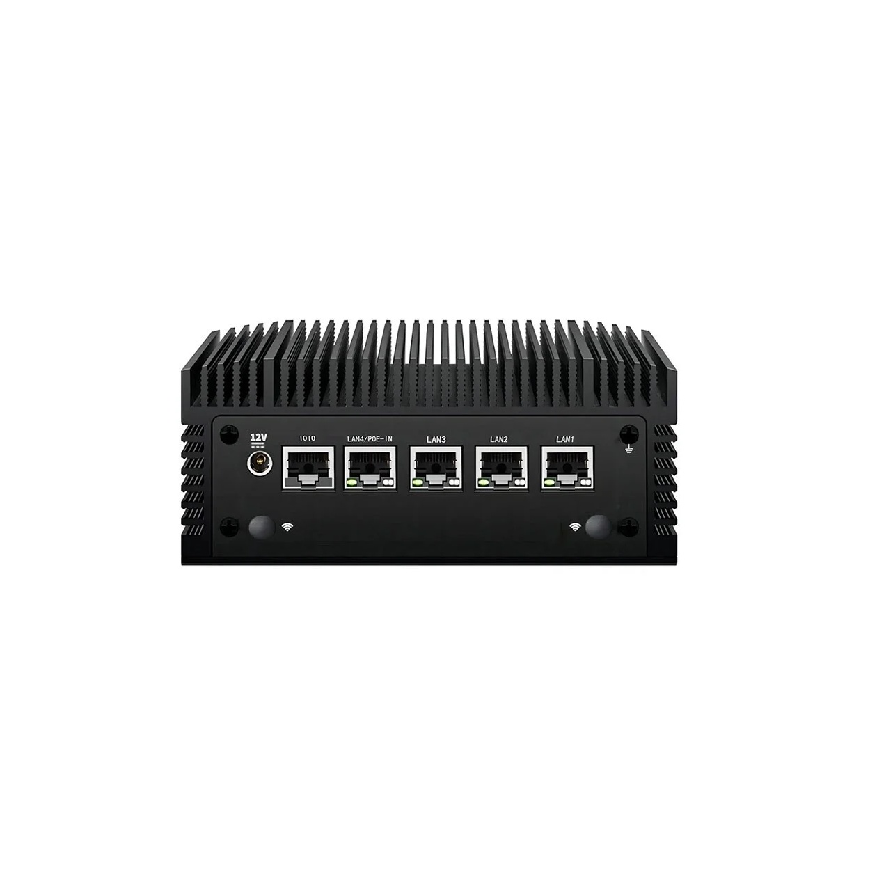 Ordenador negro sin ventilador con disipador, puerto de 12V, 5 puertos LAN, USB y conectores a tierra.