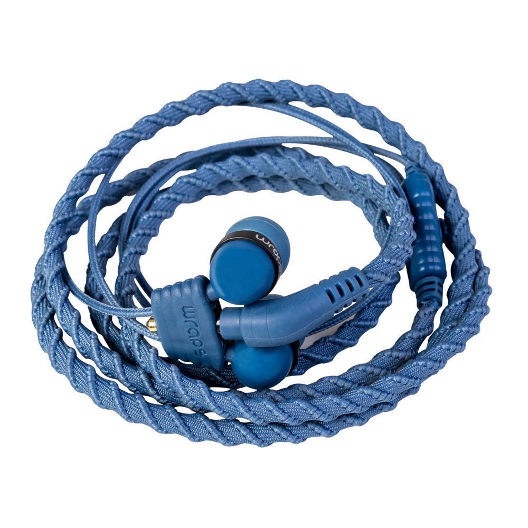 Auricolari blu intrecciati con sfondo bianco.