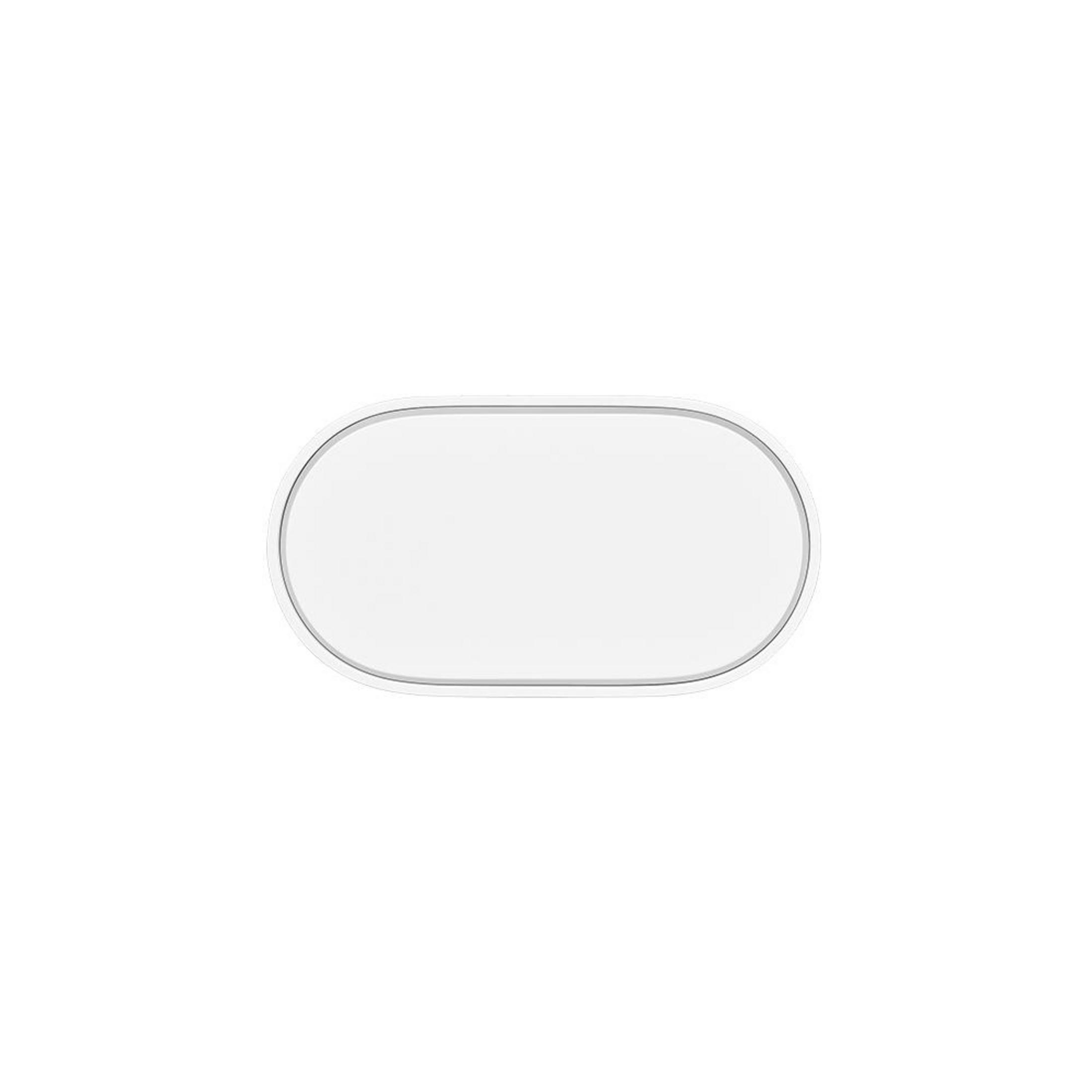 Un oggetto bianco di forma ovale con un sottile bordo grigio su sfondo bianco.