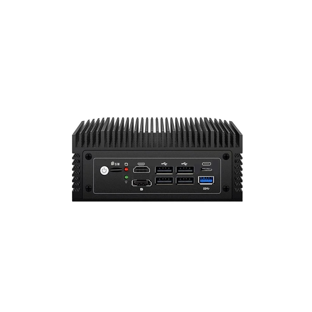 Mini PC negro con múltiples puertos: USB, SIM, HDMI, alimentación.