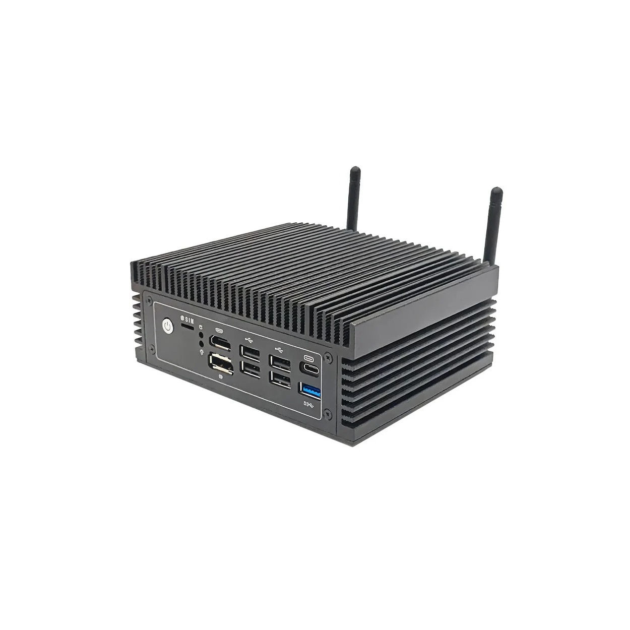 Mini PC negro con disipadores, antenas y puertos.