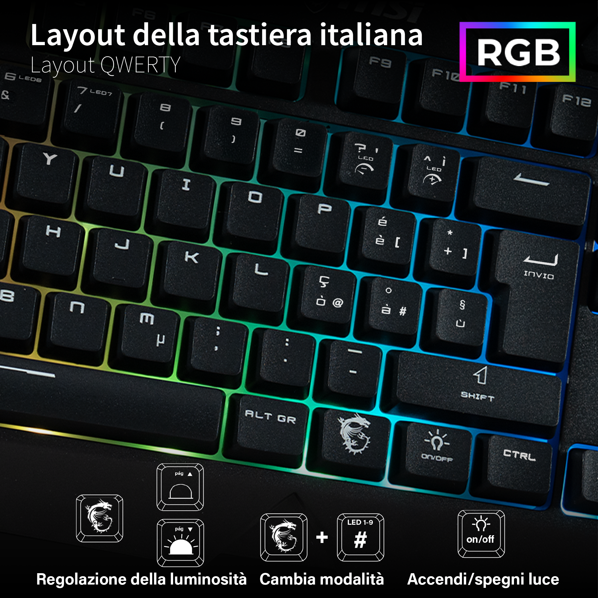Tastiera italiana QWERTY retroilluminata RGB con tasti funzione e simboli.
