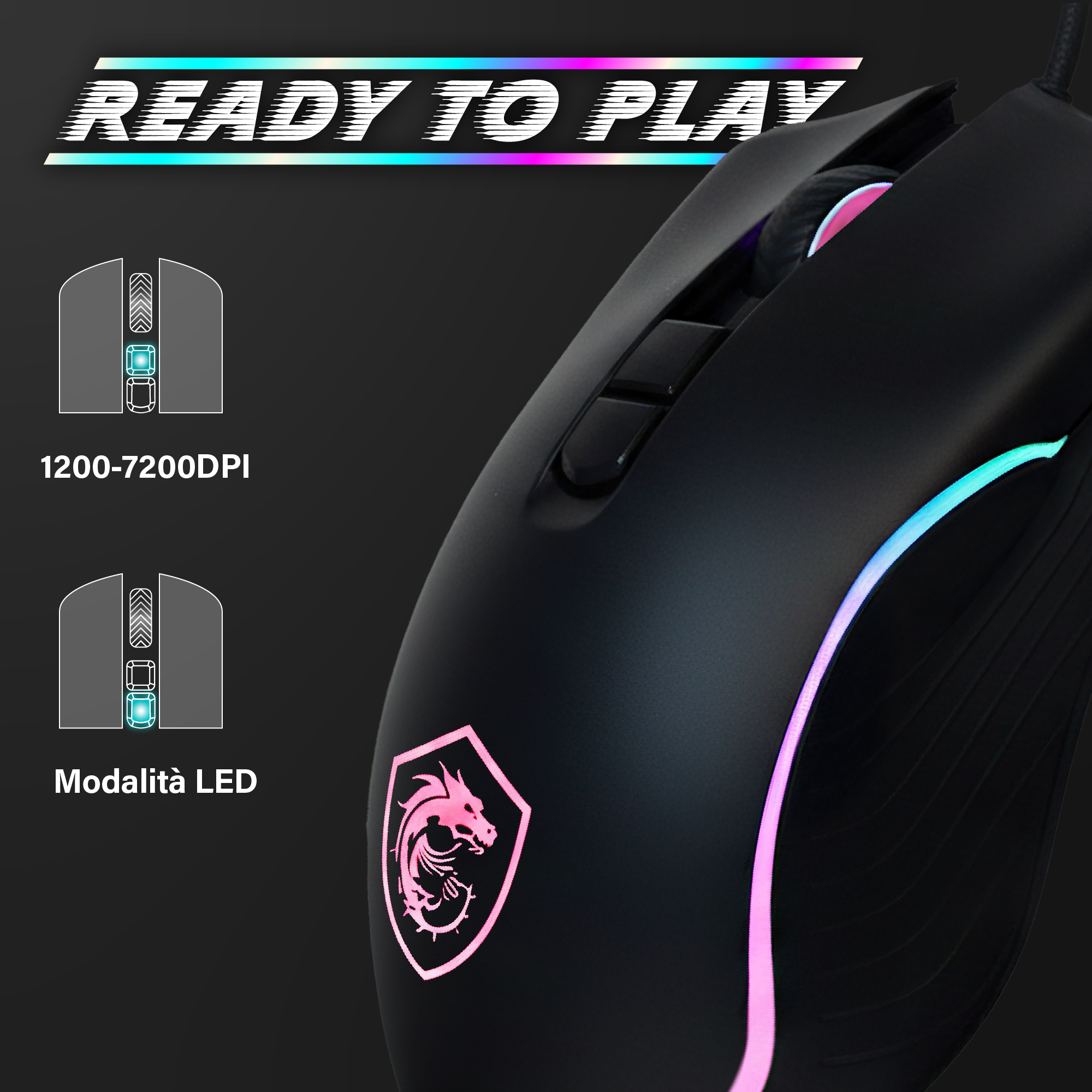Mouse gaming nero con logo illuminato e strisce LED. Indicatori DPI e modalità LED.