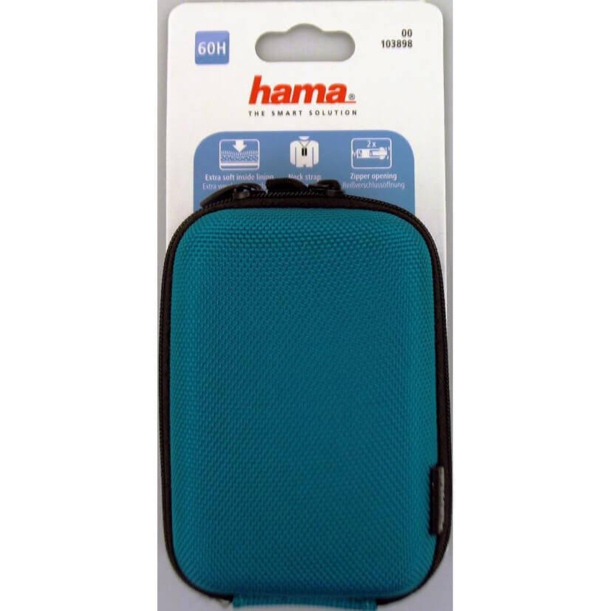 Türkiser Hama Koffer mit Reißverschluss und Produktinformationen.