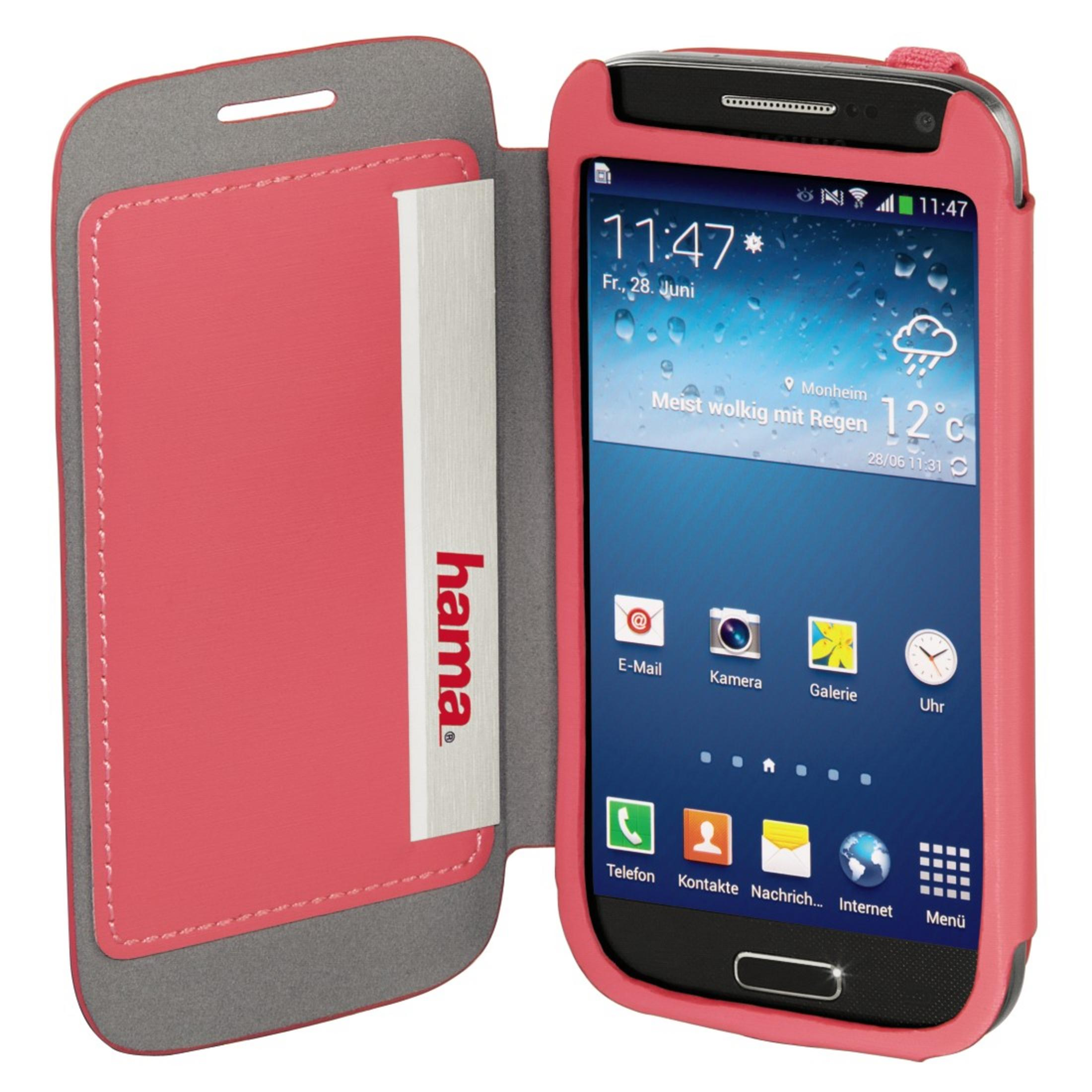 Ein rosa Handyhülle mit einer offenen Klappe, die ein Smartphone mit Wetteranzeige zeigt.