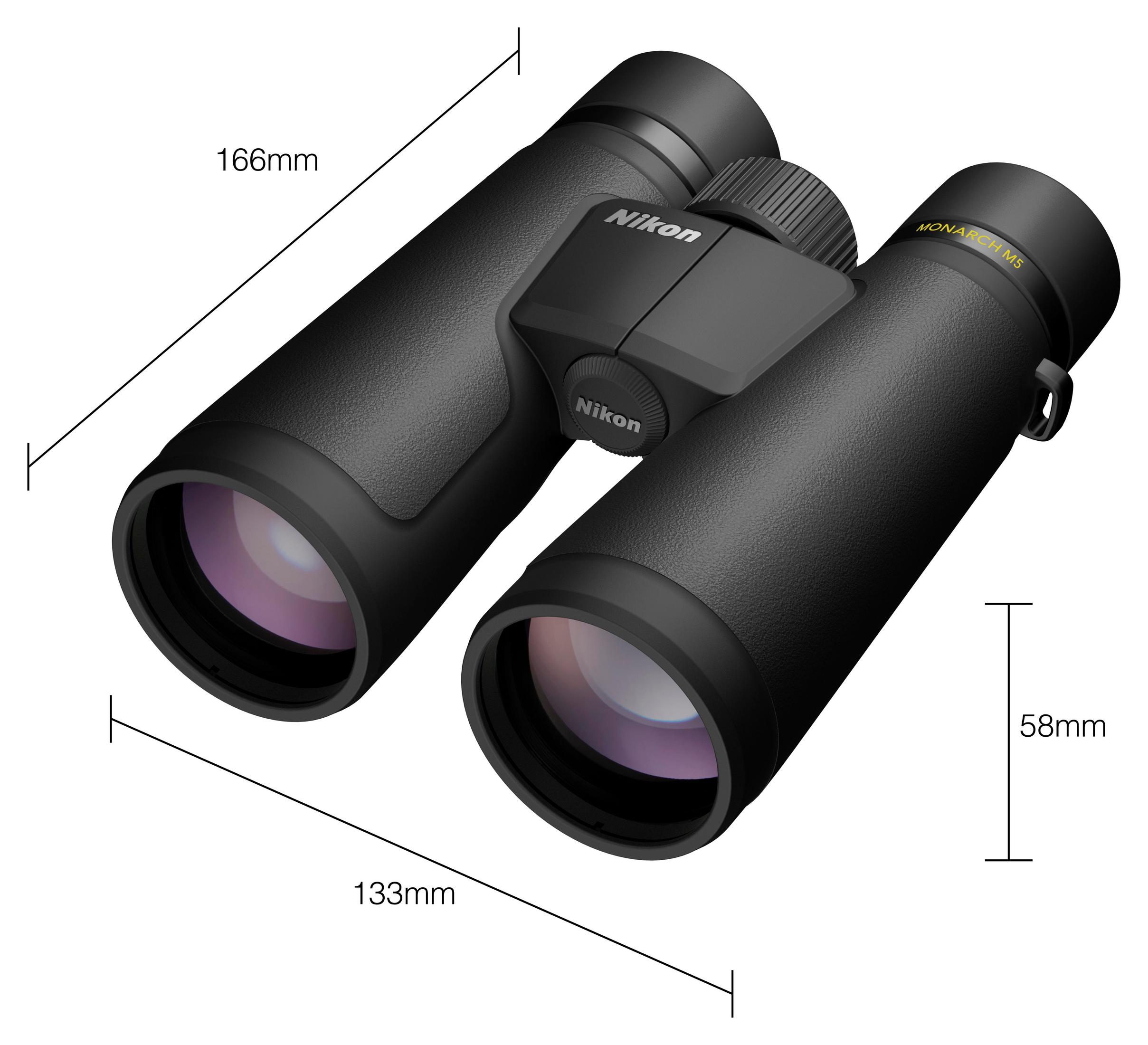 Prismáticos Nikon Monarch M5 negros con dimensiones 166mm, 133mm y 58mm.