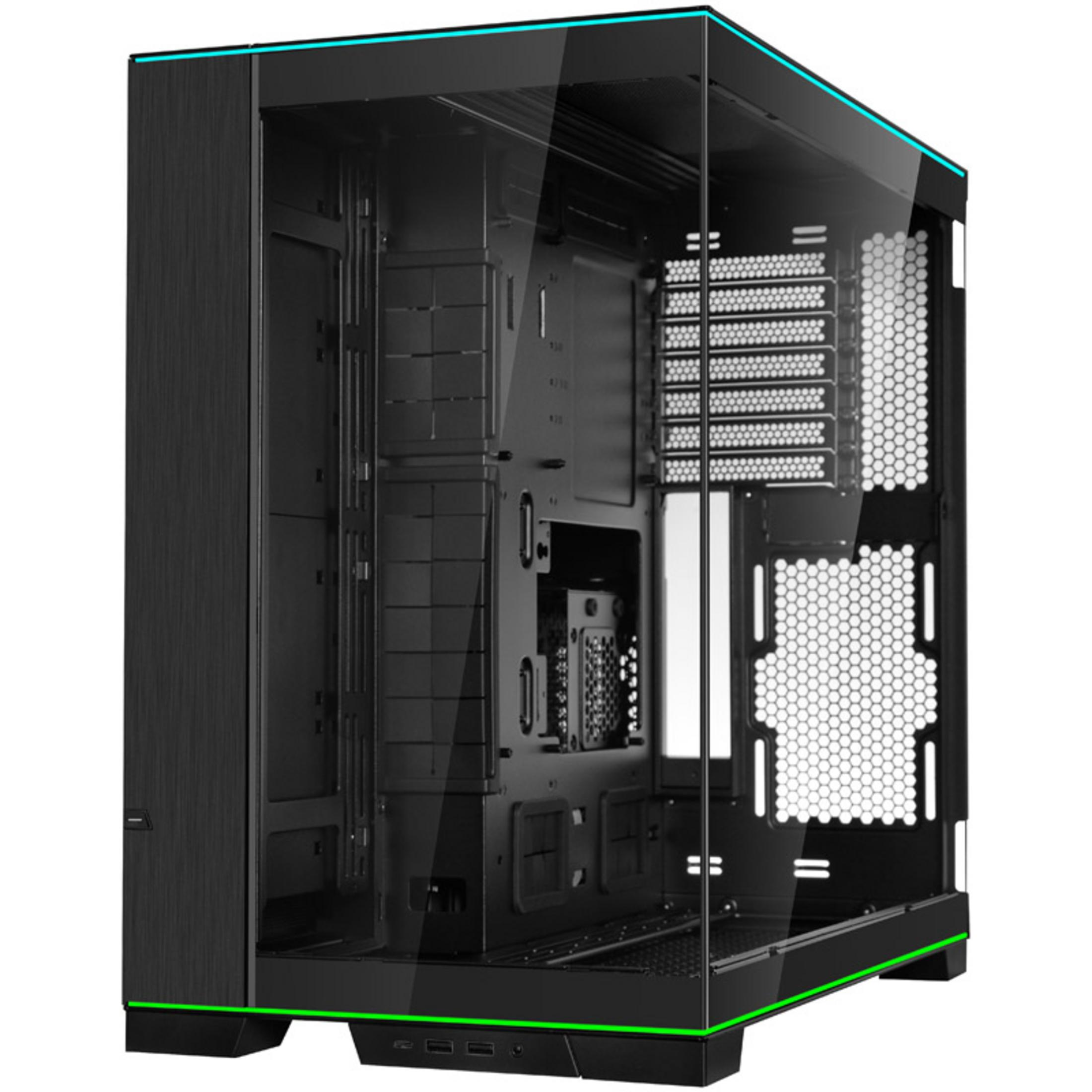 Schwarzes Computergehäuse mit Glasfront und Neon-Akzenten.