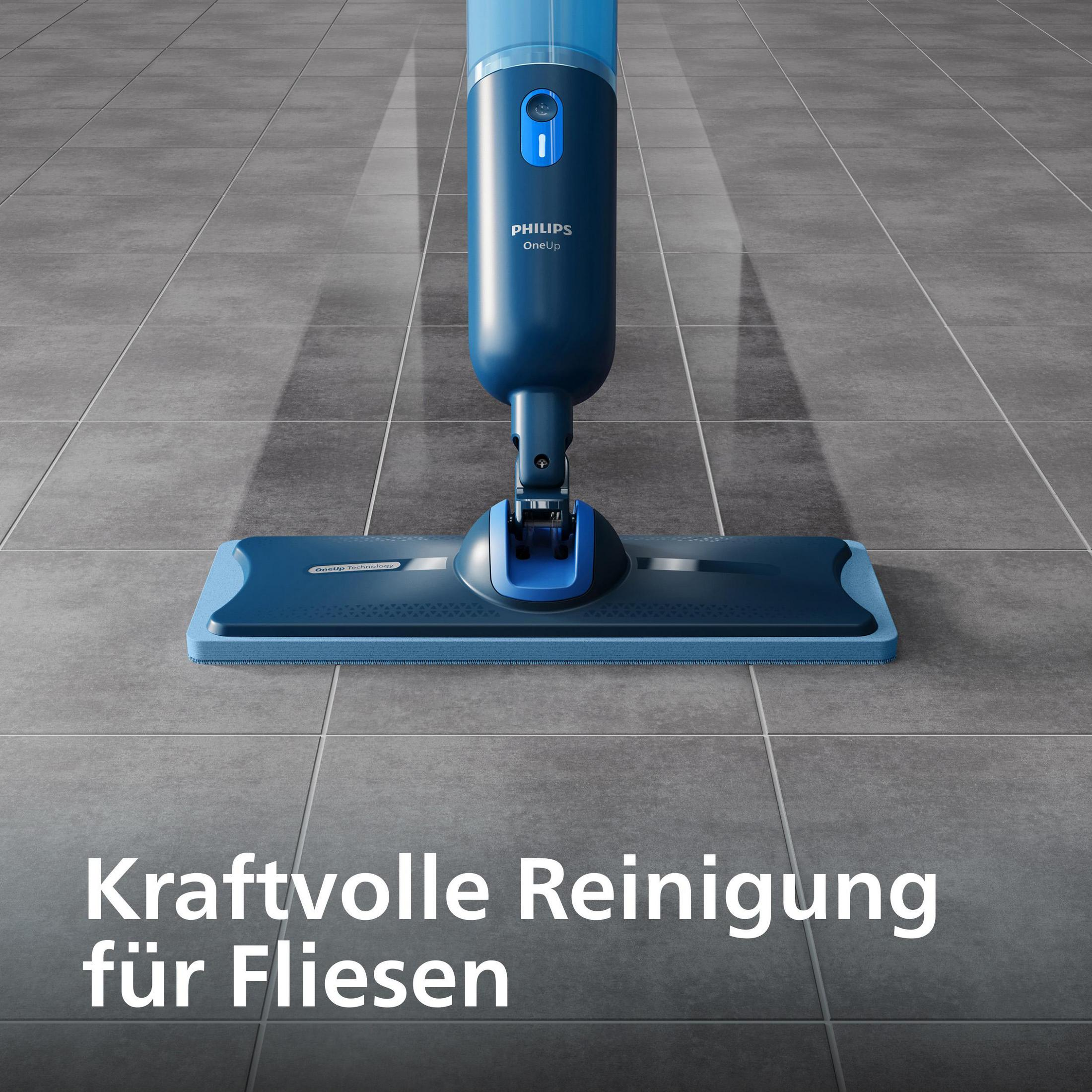 Ein blauer Philips OneUp Bodenwischer auf grauen Fliesen.