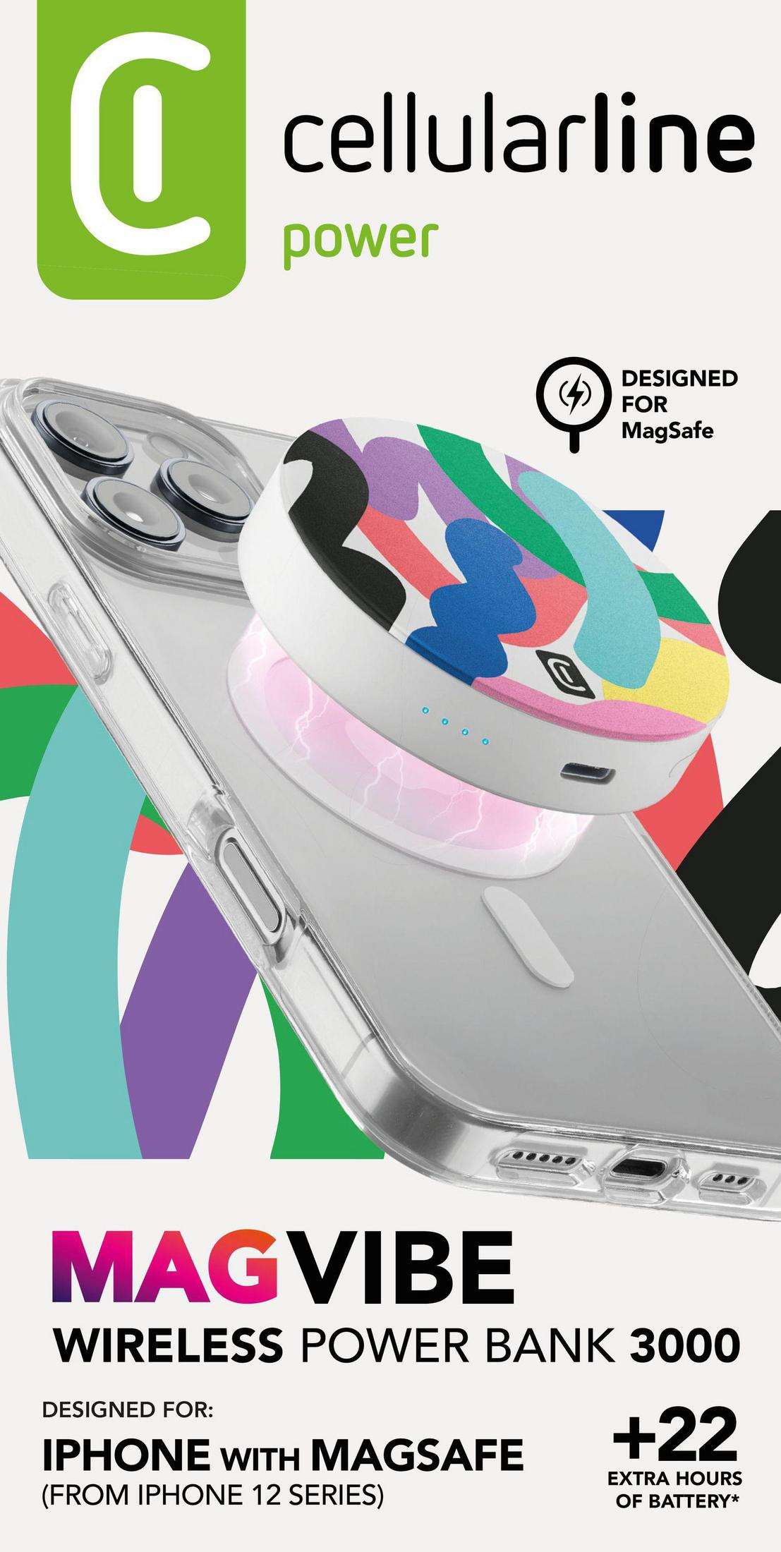 Un power bank MagSafe bianco con motivo colorato carica un iPhone 12.