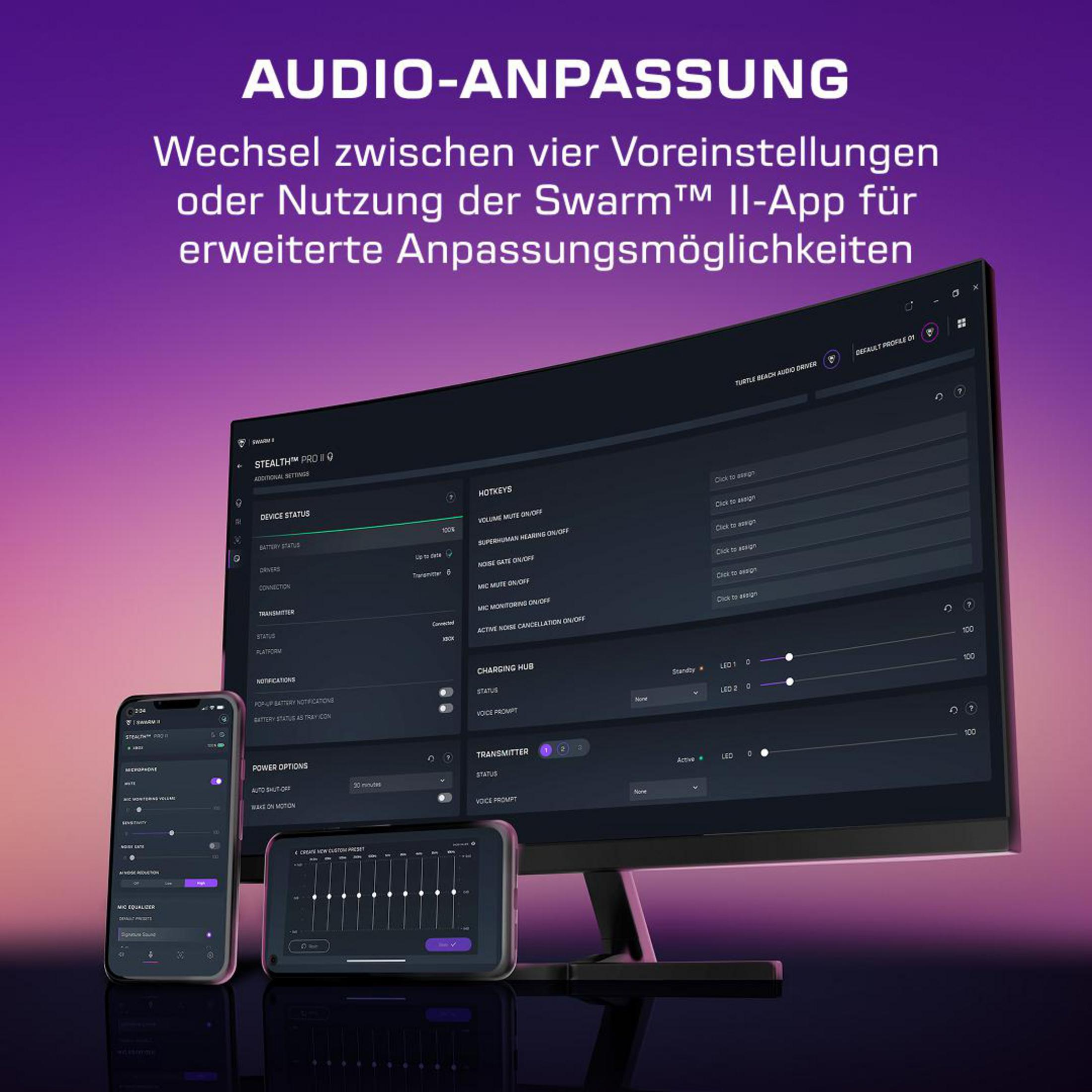 Un moniteur de bureau et deux smartphones affichent l'application de personnalisation audio.