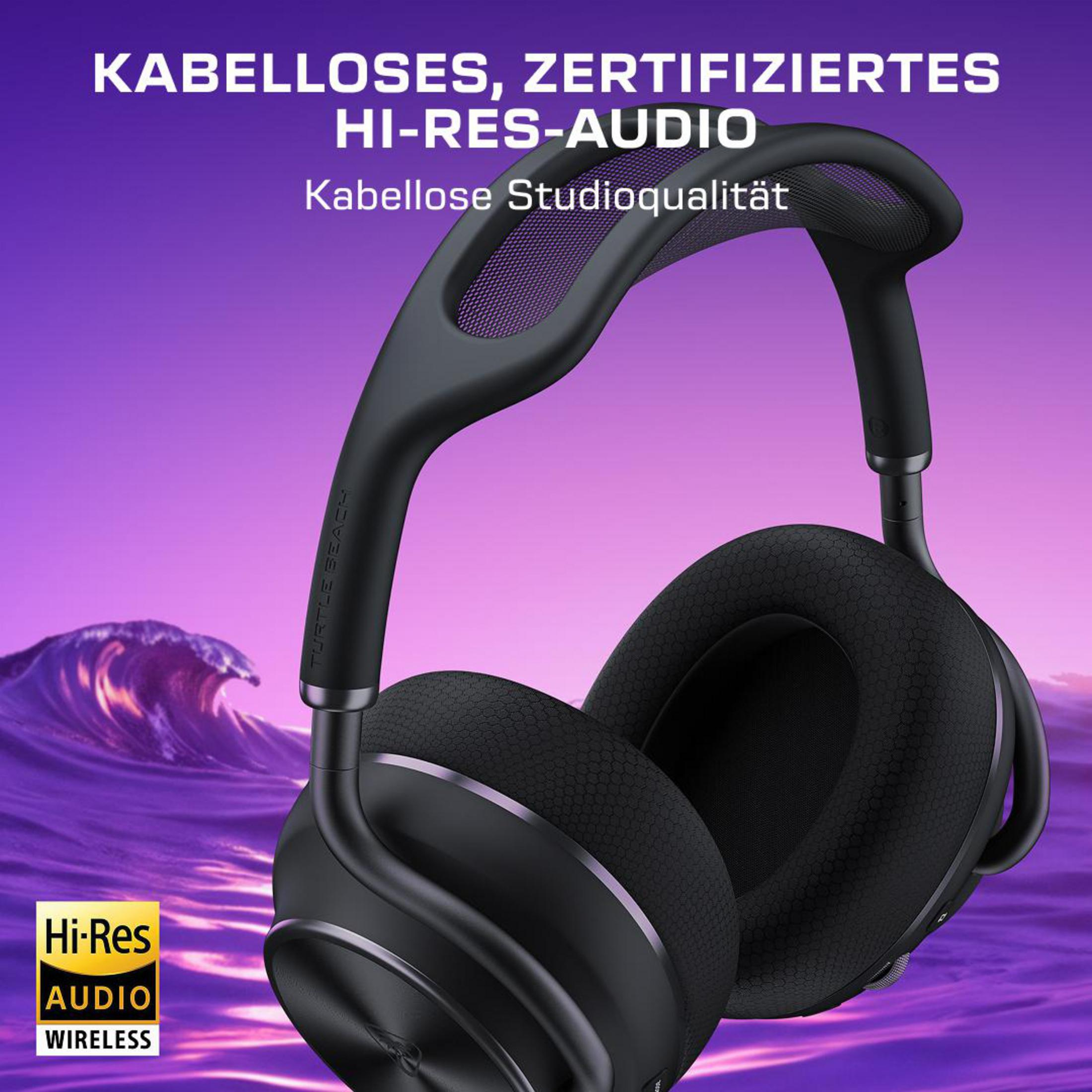 Casque sans fil noir certifié Hi-Res Audio, fond violet.