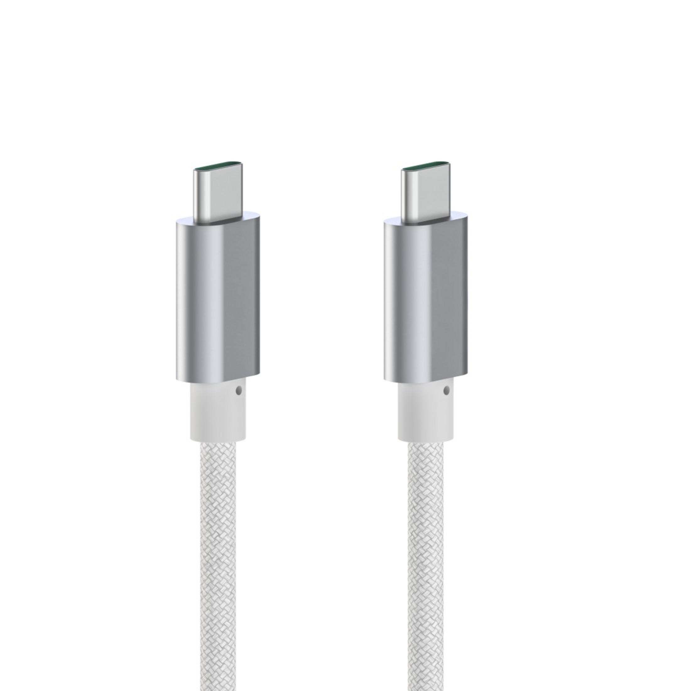 Due cavi USB-C bianchi con connettori argentati su sfondo bianco.