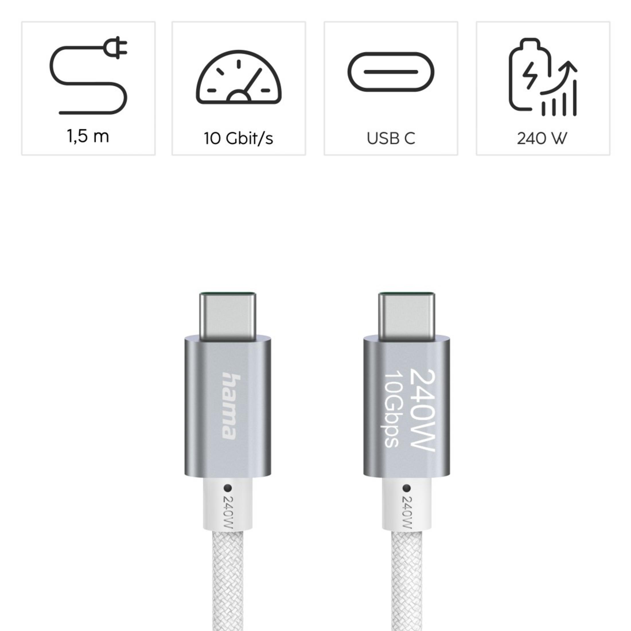 Due cavi USB-C con connettori argentati e cavo intrecciato bianco.