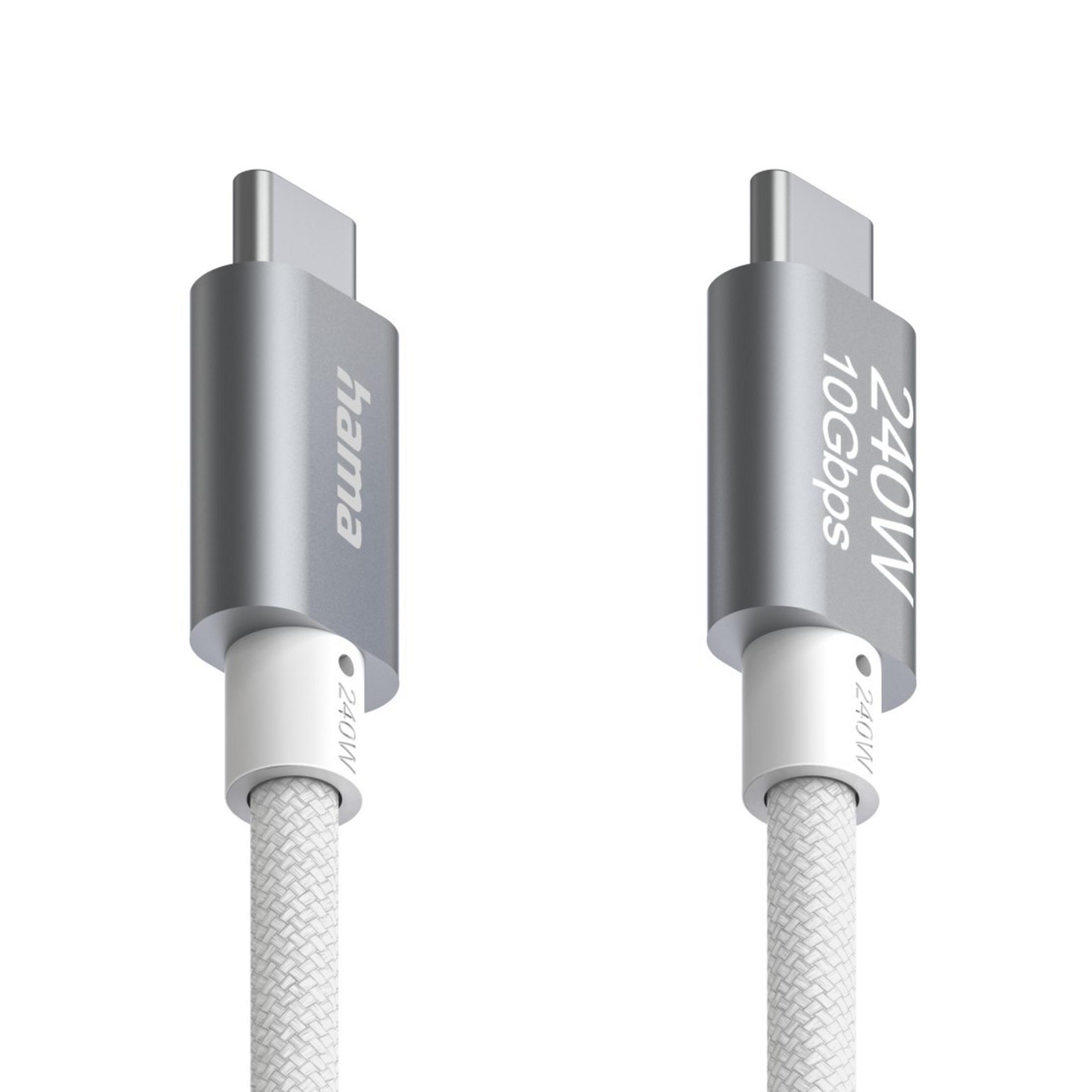 Due connettori cavo USB-C argentati con cavo bianco e testo.