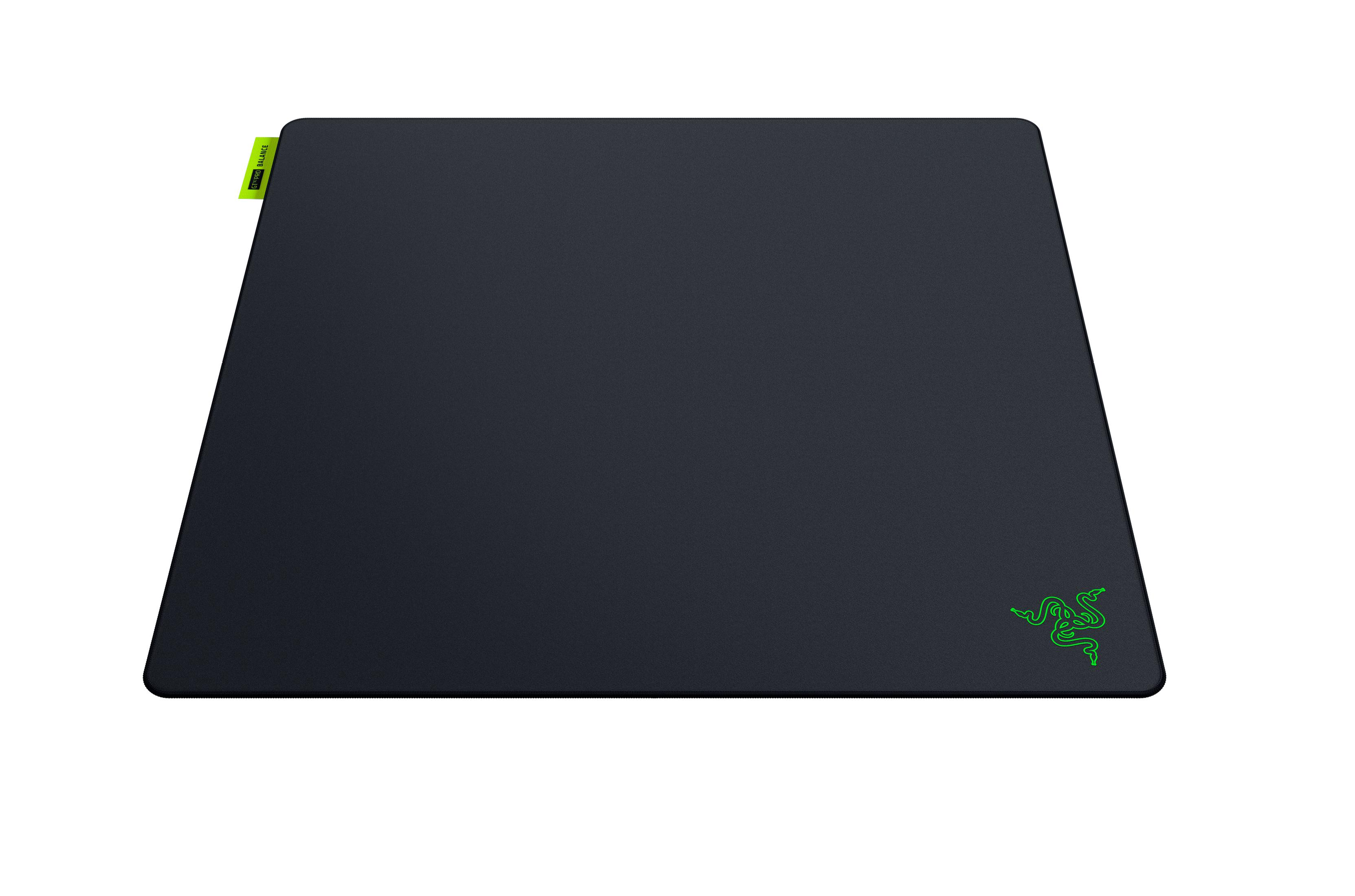 Tapis de souris noir avec logo serpent vert et étiquette jaune.
