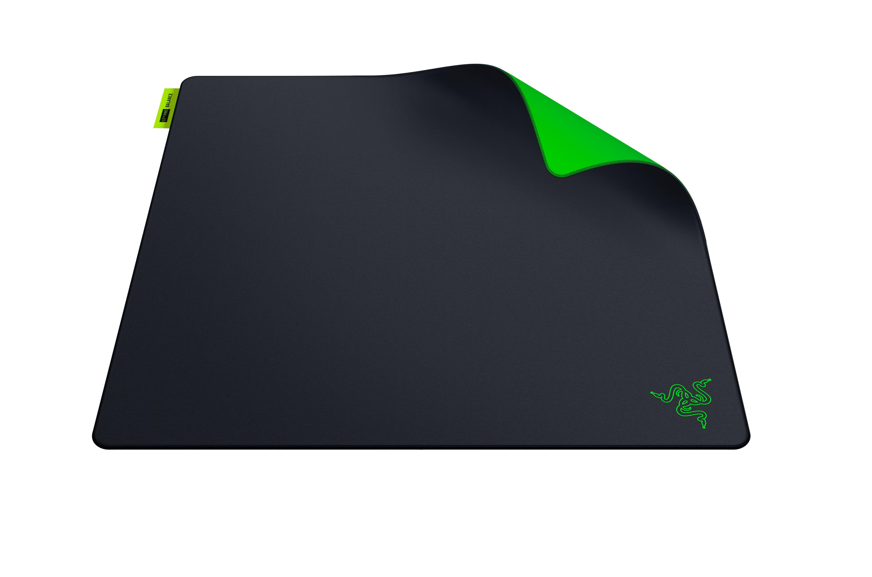 Tapis de souris noir avec revers vert vif et logo.