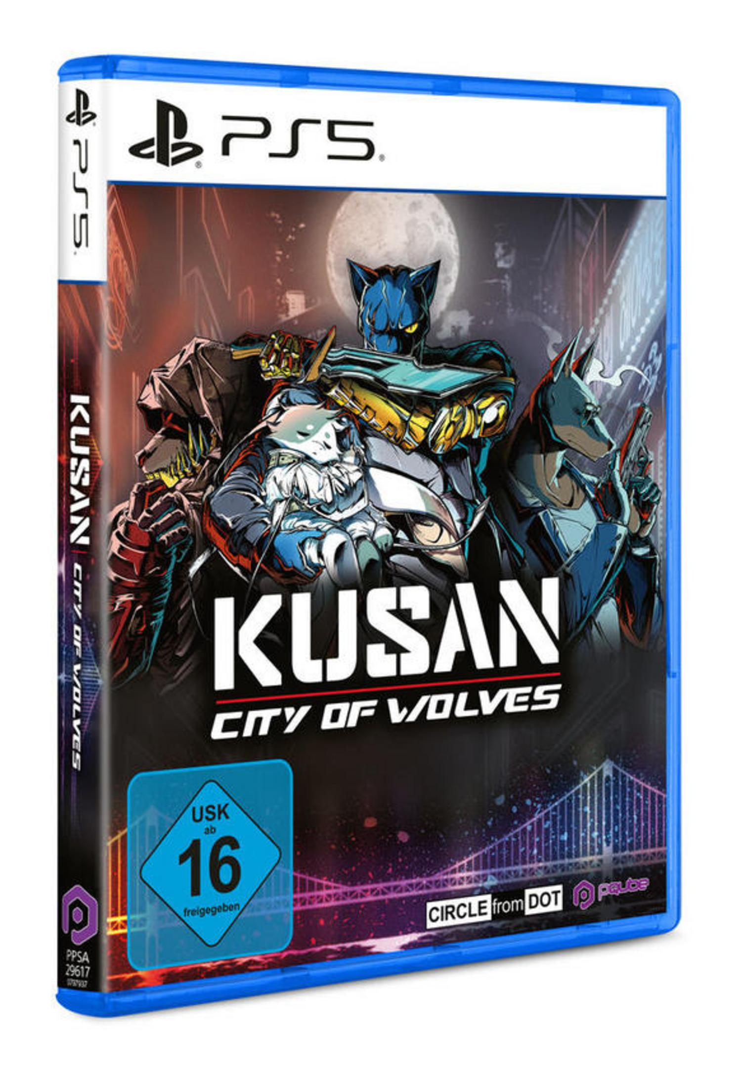 PS5-Spielcover für Kusan City of Wolves, mit anthropomorphen Tieren mit Waffen.