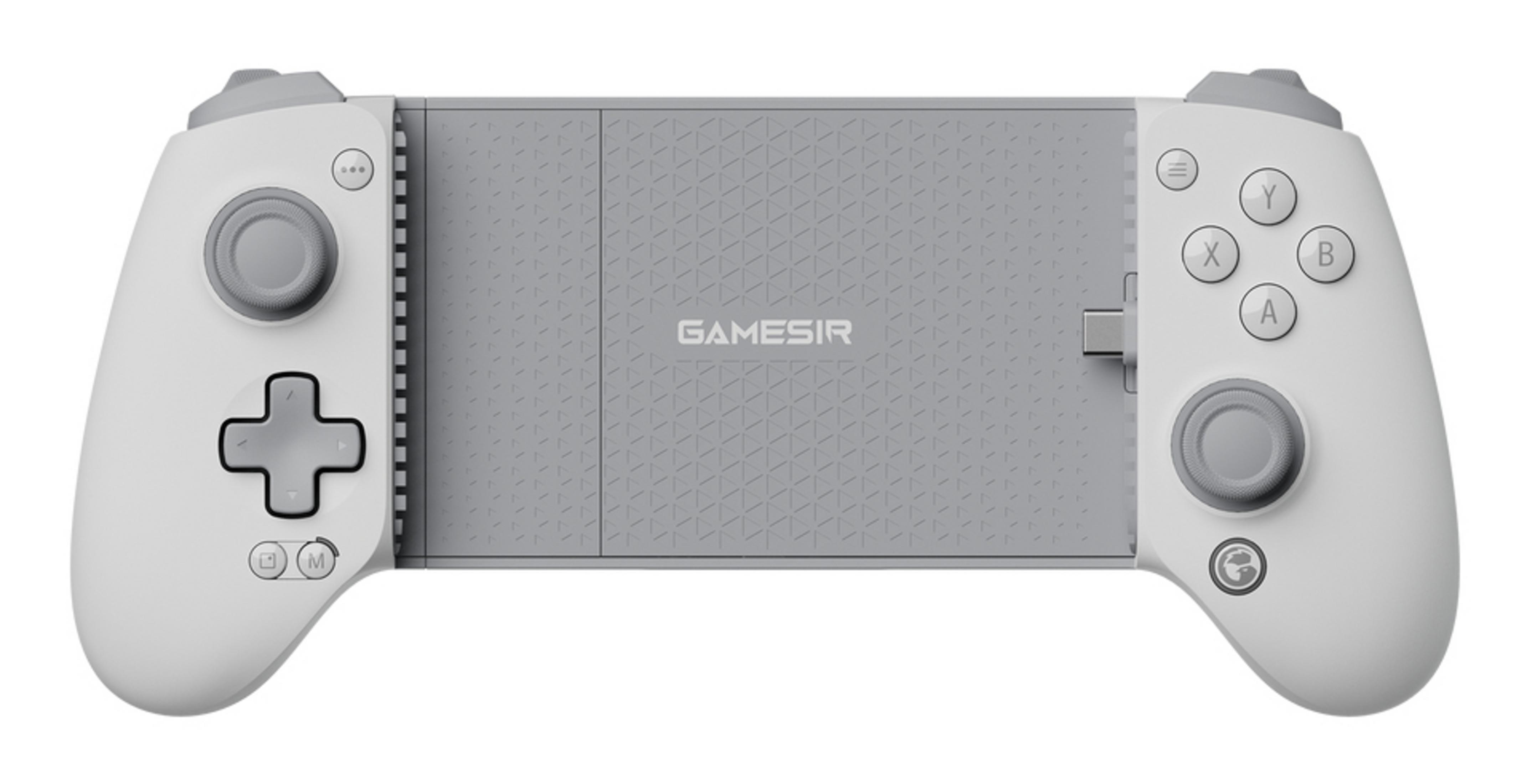 Un controller GameSir bianco e grigio con joystick, pulsanti e un pad direzionale.