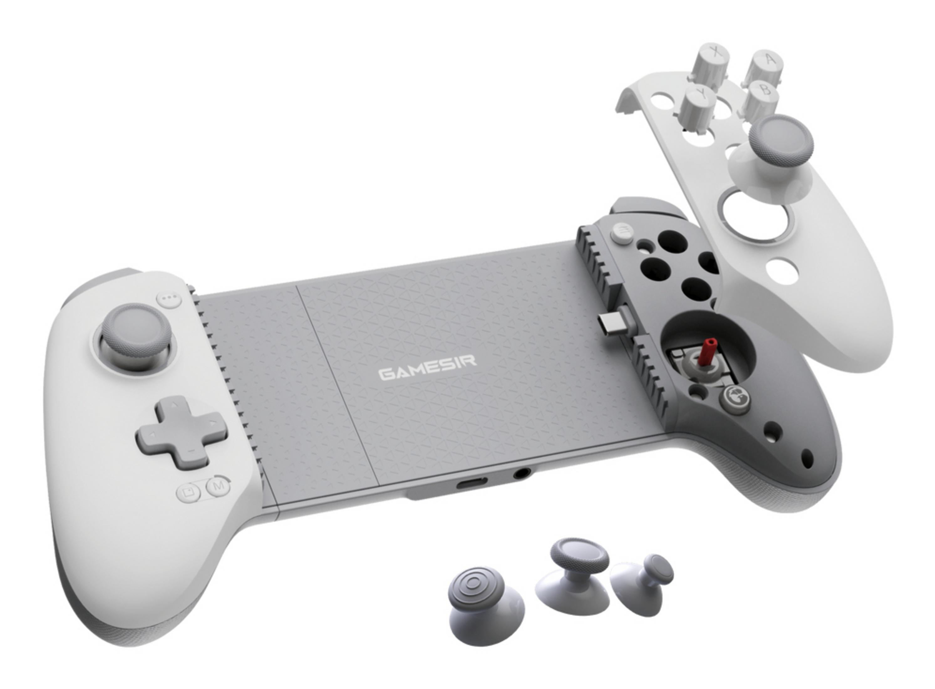 Un controller Gamesir grigio con impugnature e joystick bianchi staccabili.
