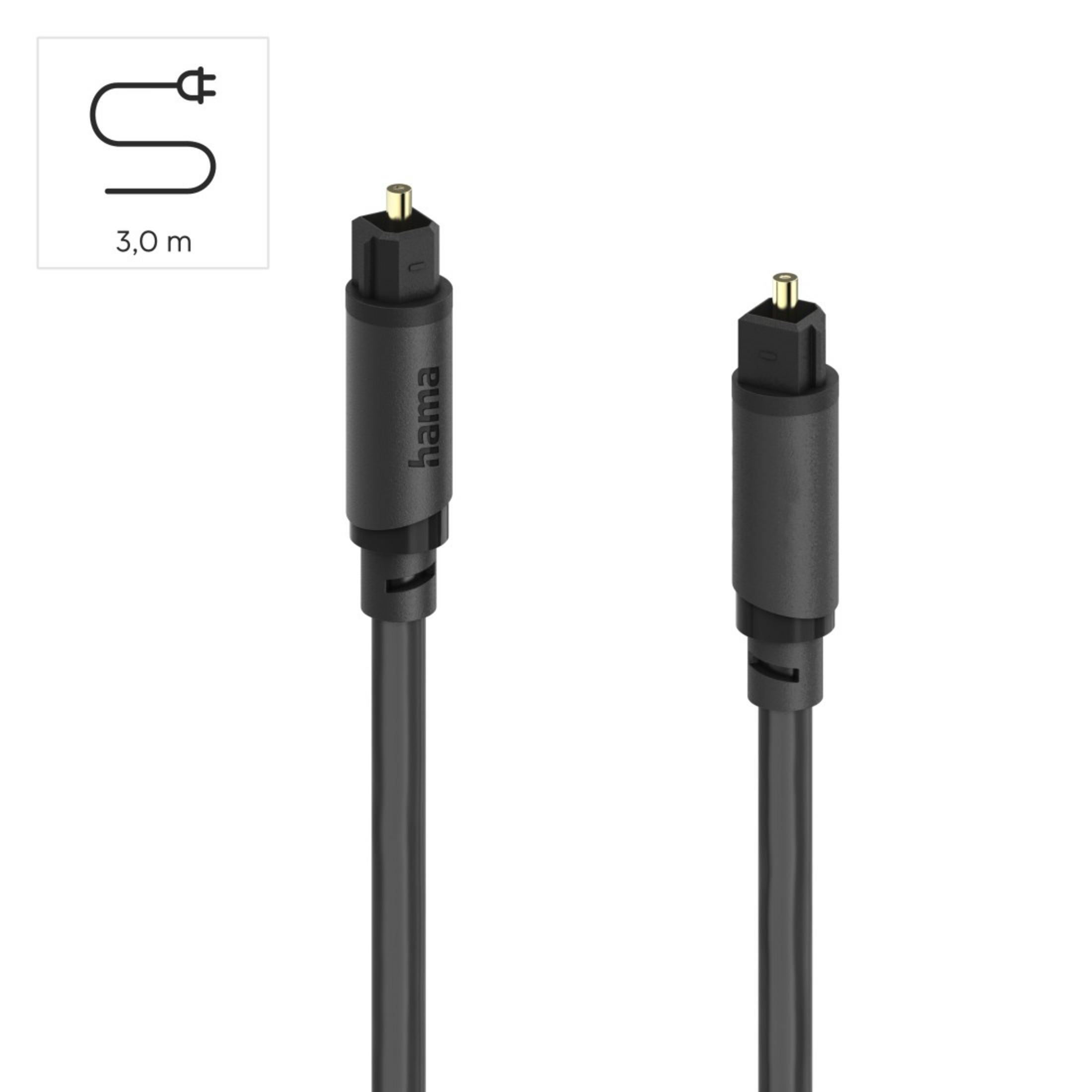Dwa czarne kable audio Toslink ze złączami i długością 3,0 m.