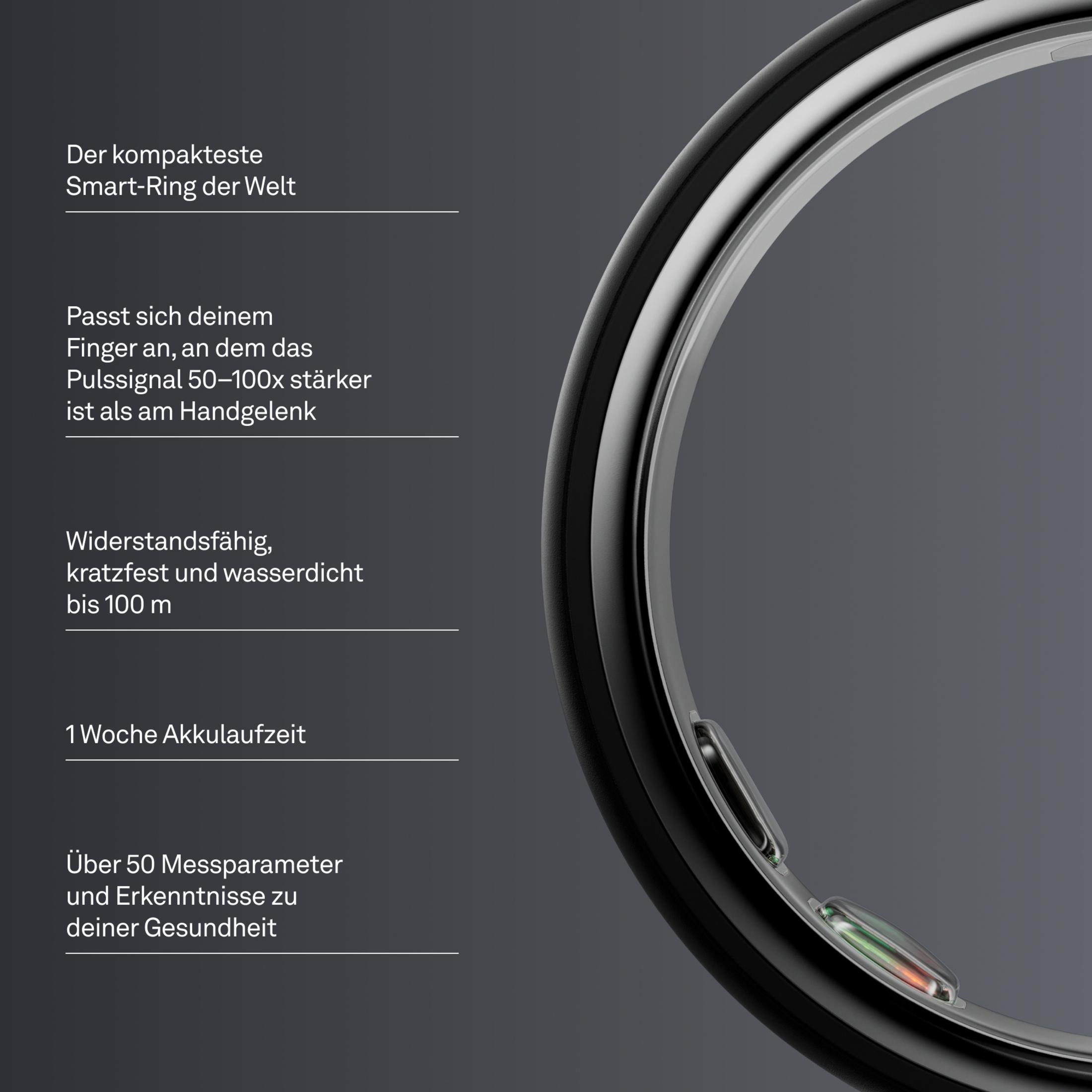 Ein schwarzer Smart-Ring mit silbernen Akzenten, nahaufnahme.