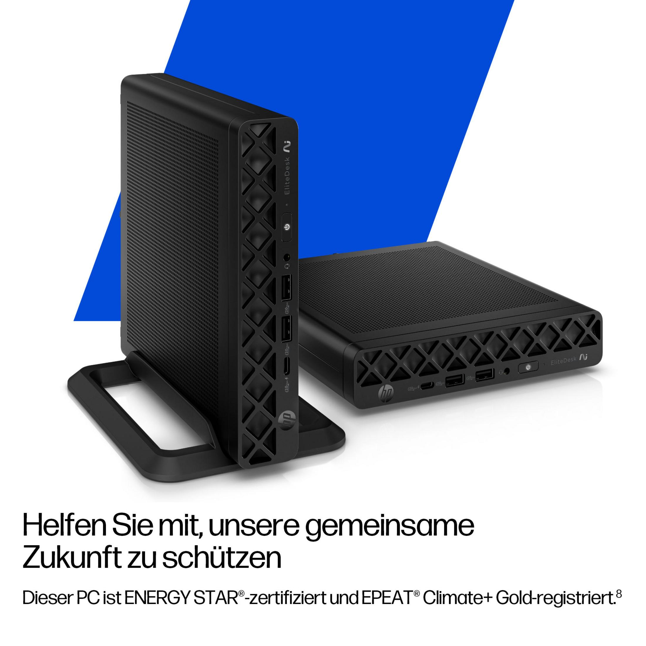 Due mini PC HP EliteDesk neri su sfondo bianco e blu.