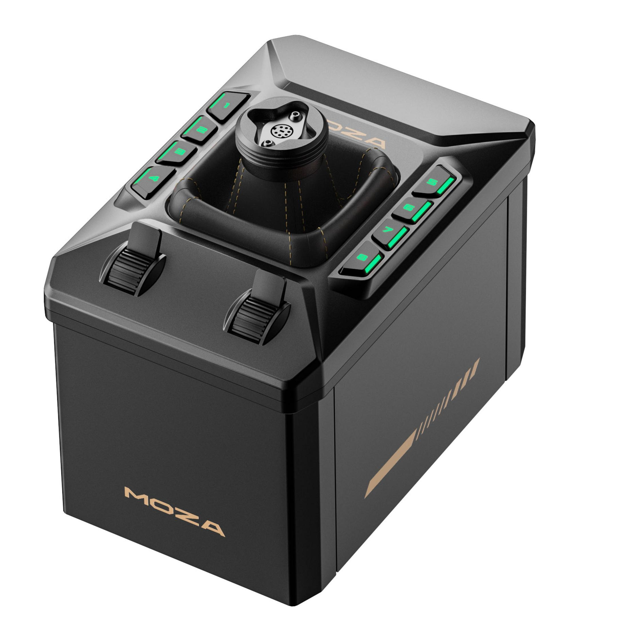 Black MOZA racing shifter with green buttons and gold accents. White background.