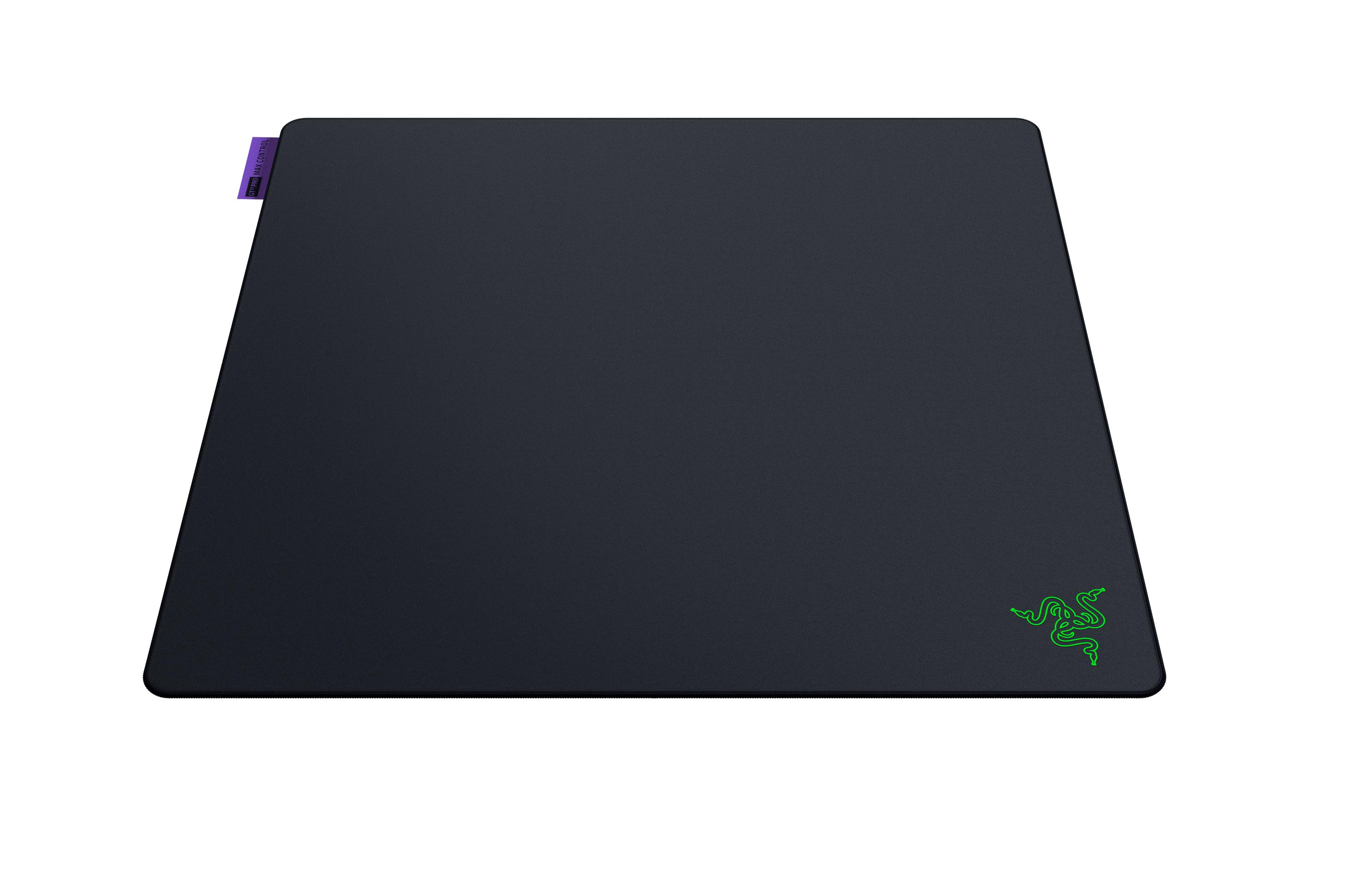 Tapis de souris noir avec étiquette violette et logo serpent vert sur fond blanc.