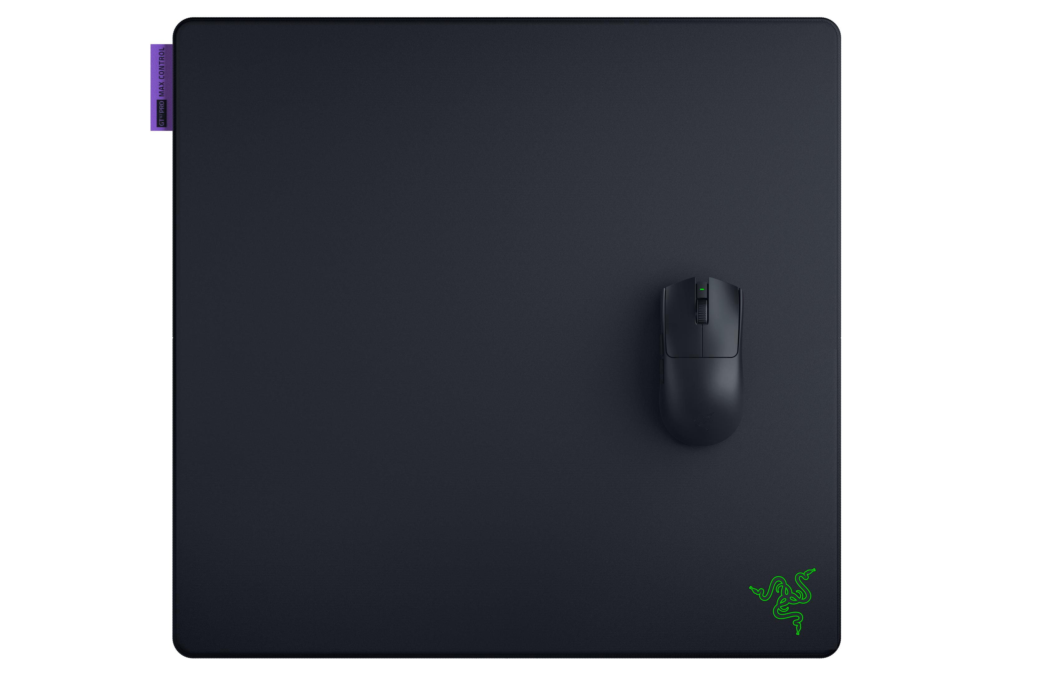 Tapis de souris noir avec une souris noire et un logo Razer vert.