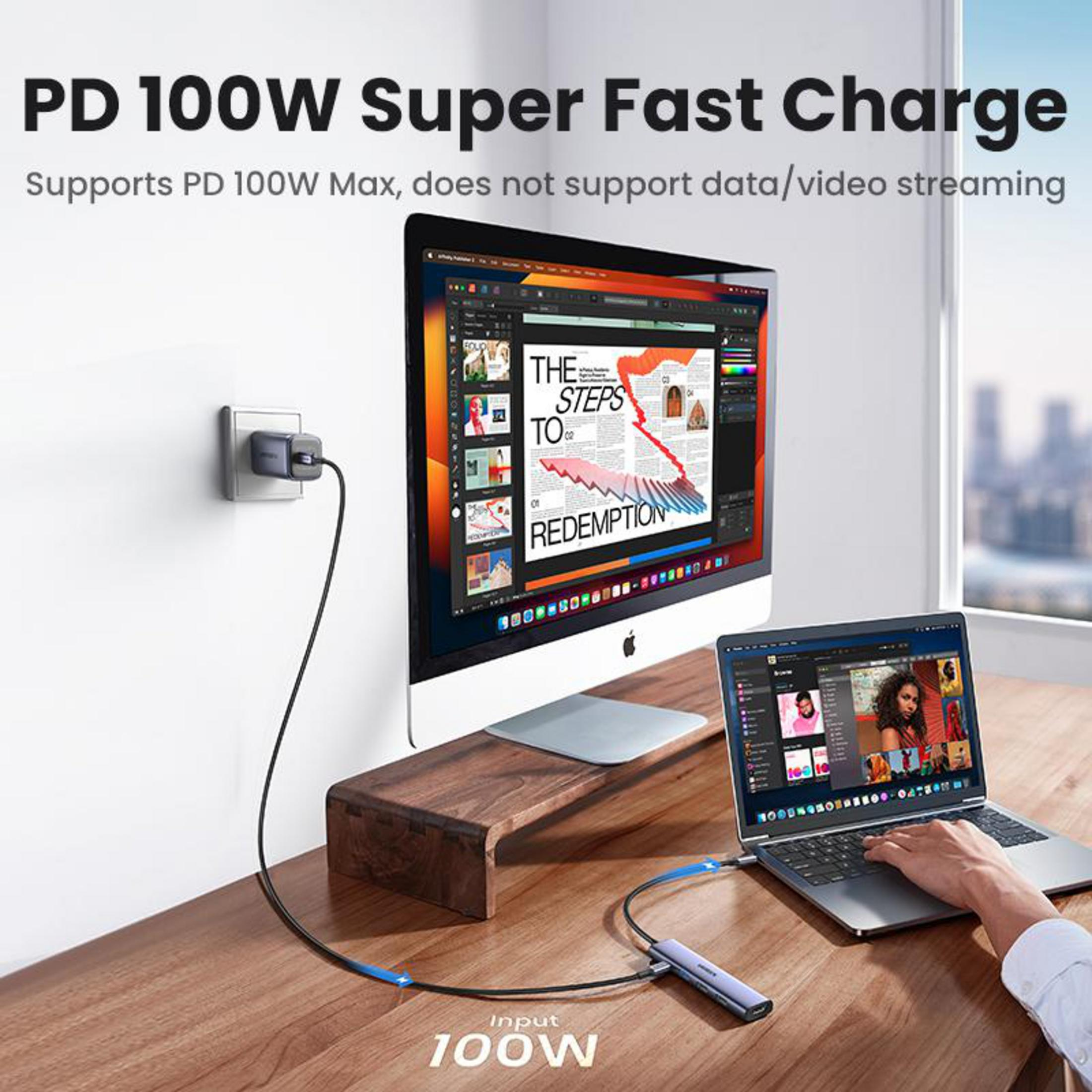 Zestaw biurkowy z iMac, laptopem i ładowarką. Tekst: PD 100W Super Fast Charge.