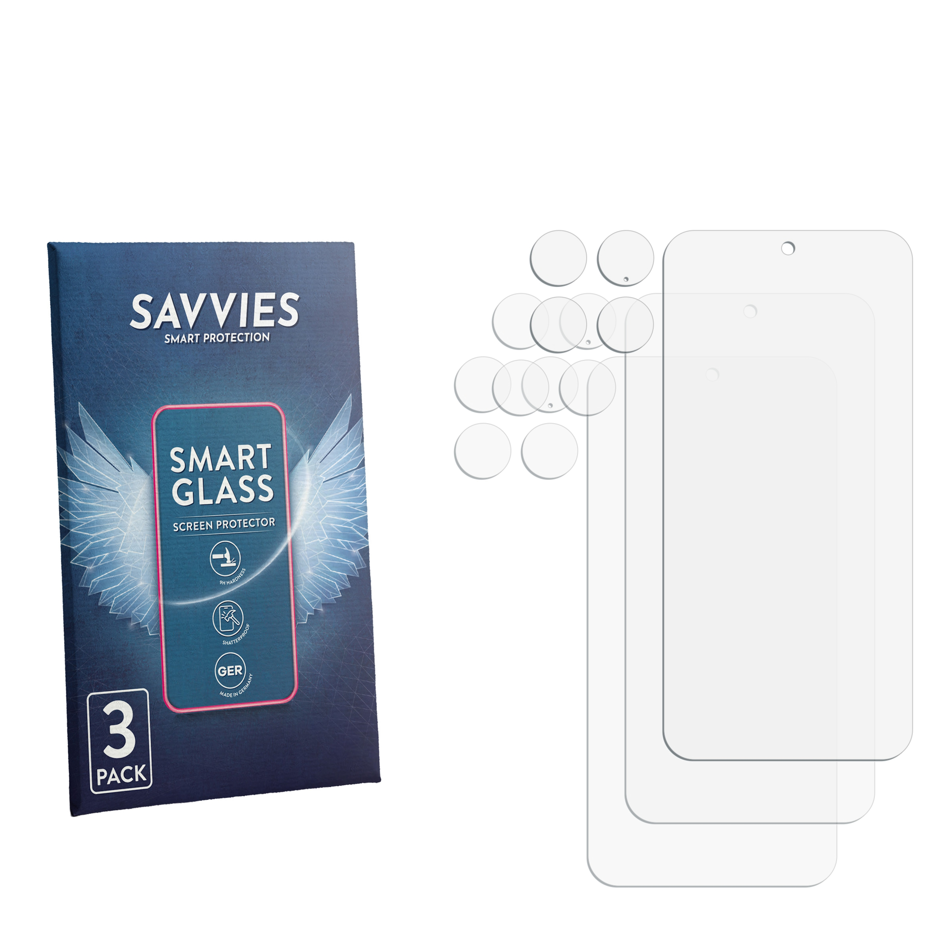 Savvies Smart Glass Displayschutzfolien (3er Pack) und Ersatzfolien.