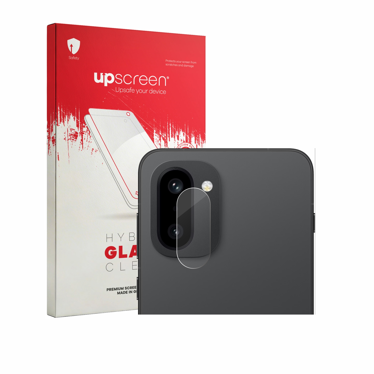 Verpackung für Displayschutzfolie neben Handy-Kameraobjektiv.