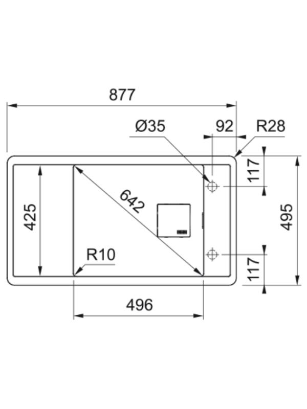 Boyutlu teknik çizim: 877x495 mm genel, 496x425 mm iç.