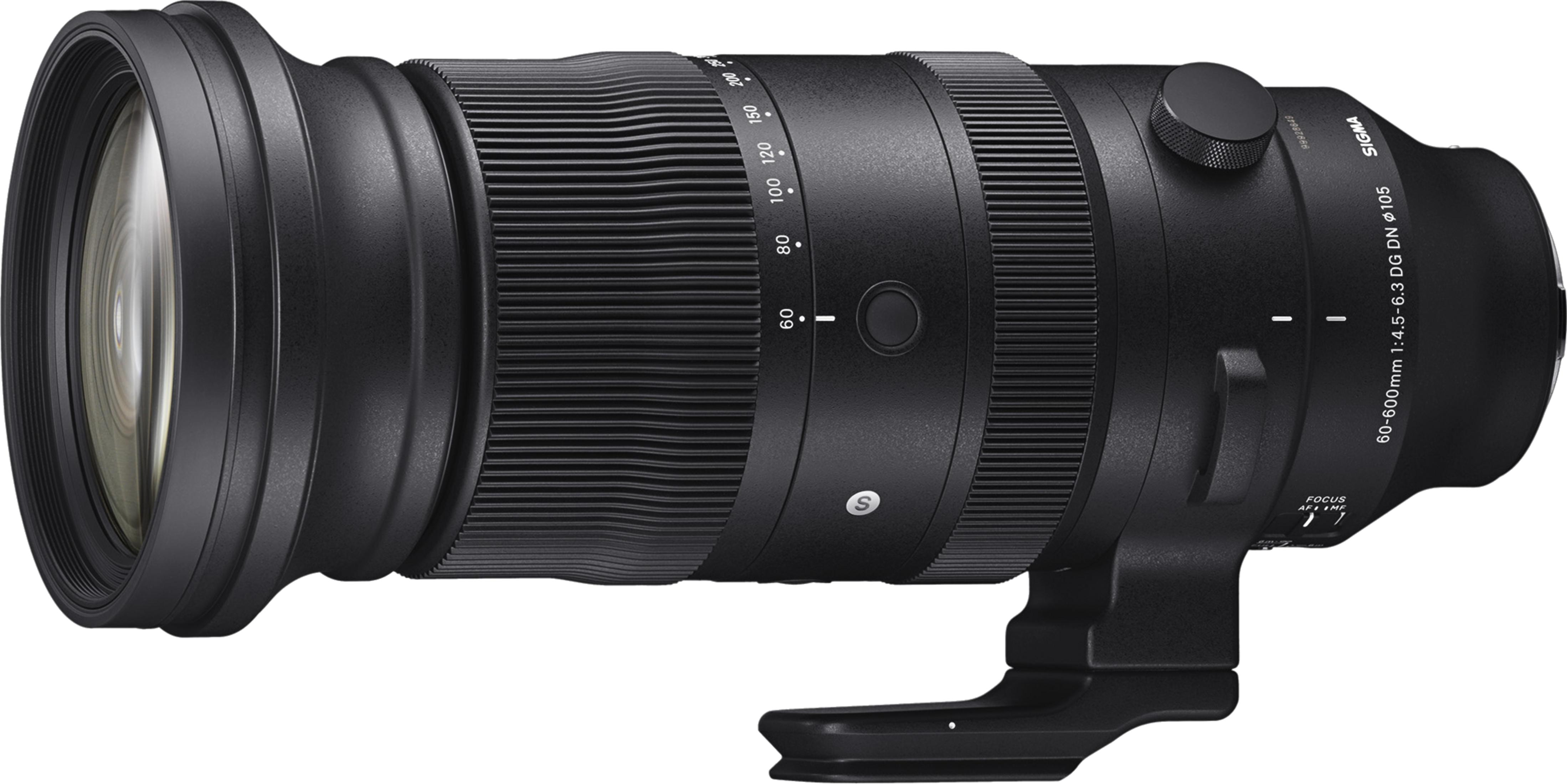 Un obiettivo Sigma nero 60-600mm con ghiera di zoom e controlli di messa a fuoco.