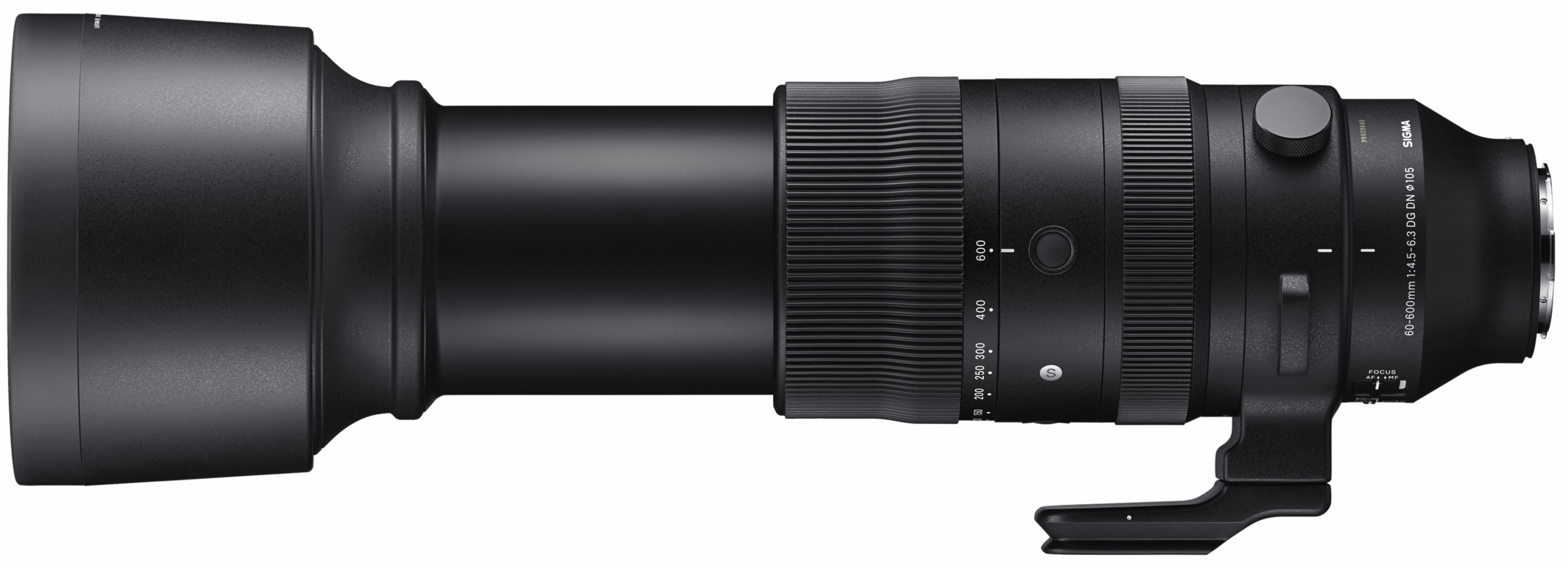 Obiettivo Sigma nero 60-600mm f/4.5-6.3 DG DN OS con ghiera di messa a fuoco e marcature zoom.
