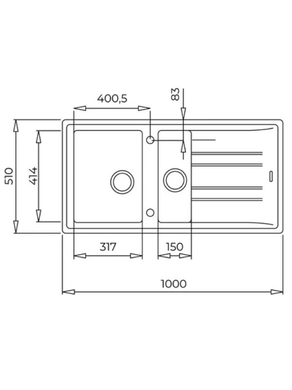 Lavabo teknik çizimi, 1000x510mm, iki hazne ve boyutlarla.