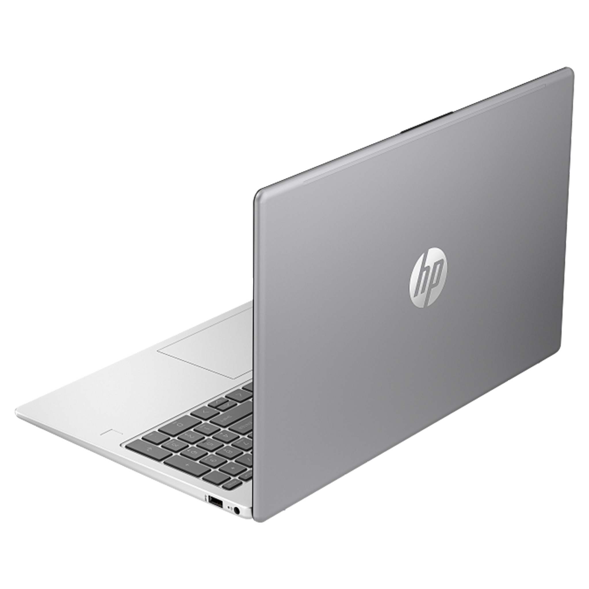 Gümüş rengi HP dizüstü bilgisayar, klavyeli ve aydınlatmalı logo.