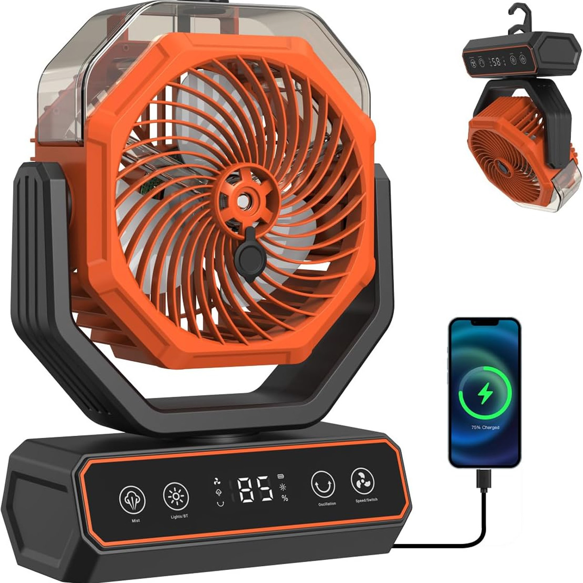 Ein orangefarbener Ventilator mit schwarzer Basis und Haken oben. Daneben ein Handy.