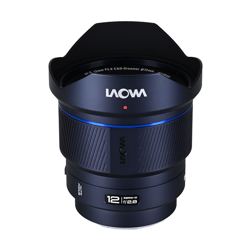 A LAOWA 12mm F2.8 Zero-D lens with lens hood, blue ring, and focus marking.