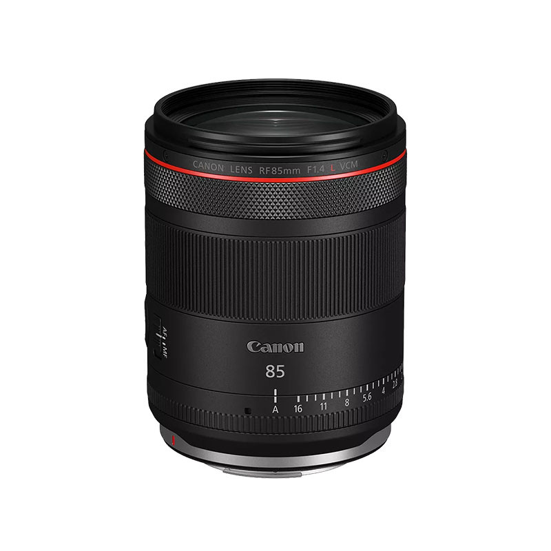 Lente Canon RF 85mm F1.4 L VCM negra con anillo de apertura.