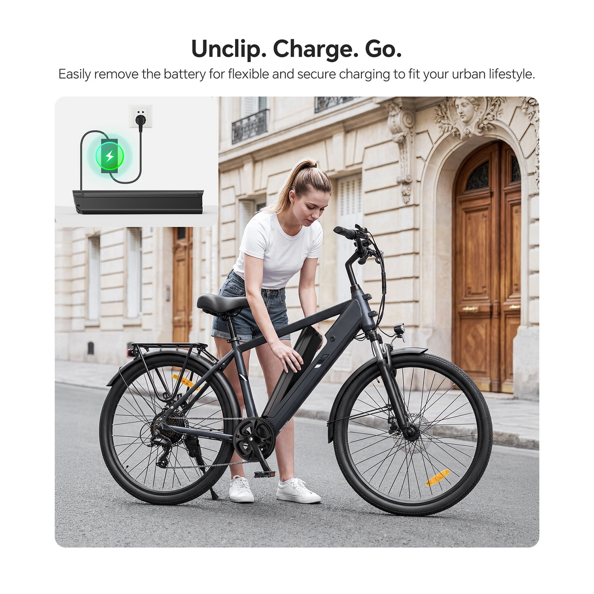 Kobieta wyjmuje czarną baterię roweru elektrycznego. Wstawka pokazuje ładowanie baterii.