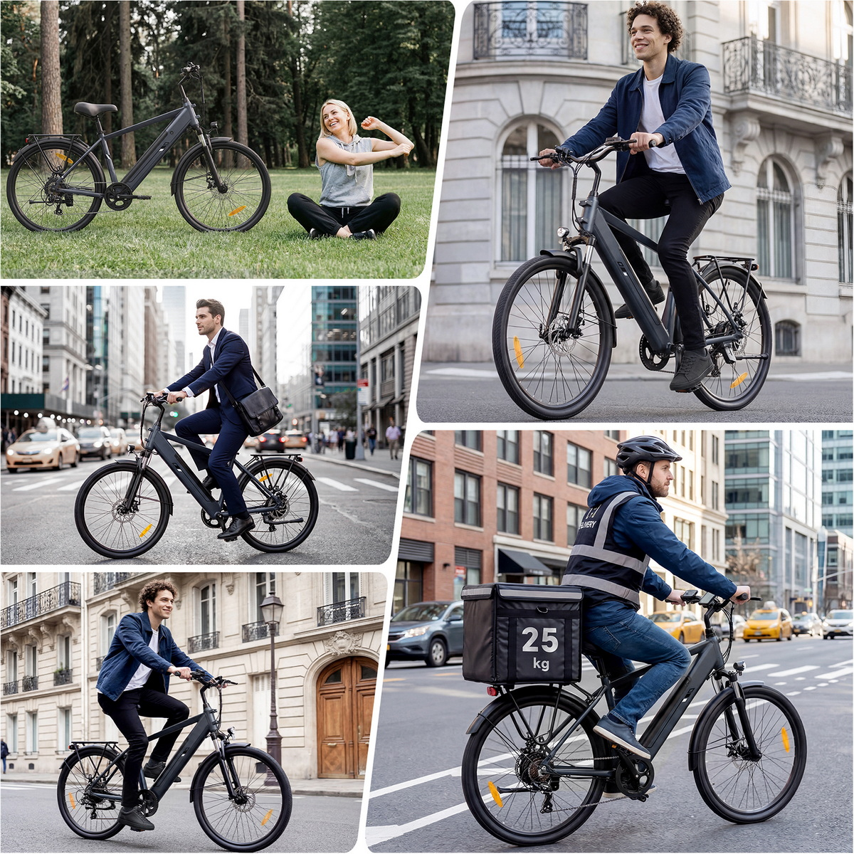 Mężczyzna jedzie na rowerze elektrycznym z torbą na 25 kg przez miejską ulicę.