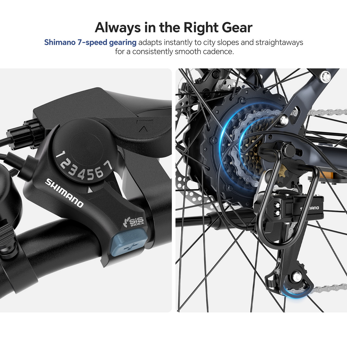 Zbliżenie na manetkę i kasetę Shimano 7-biegową roweru.