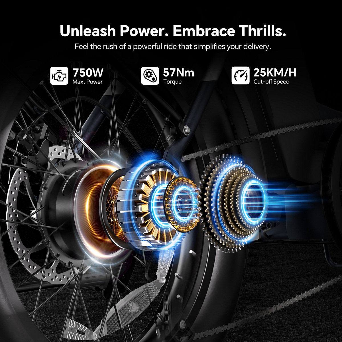 Zbliżenie silnika roweru elektrycznego ze specyfikacjami: 750W, 57Nm, 25km/h.
