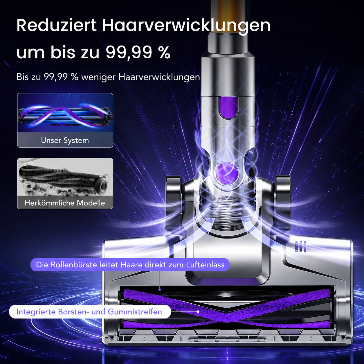 Ein Staubsaugerkopf mit Bürste, der Haare reduziert. Vergleicht 2 Bürstensysteme.