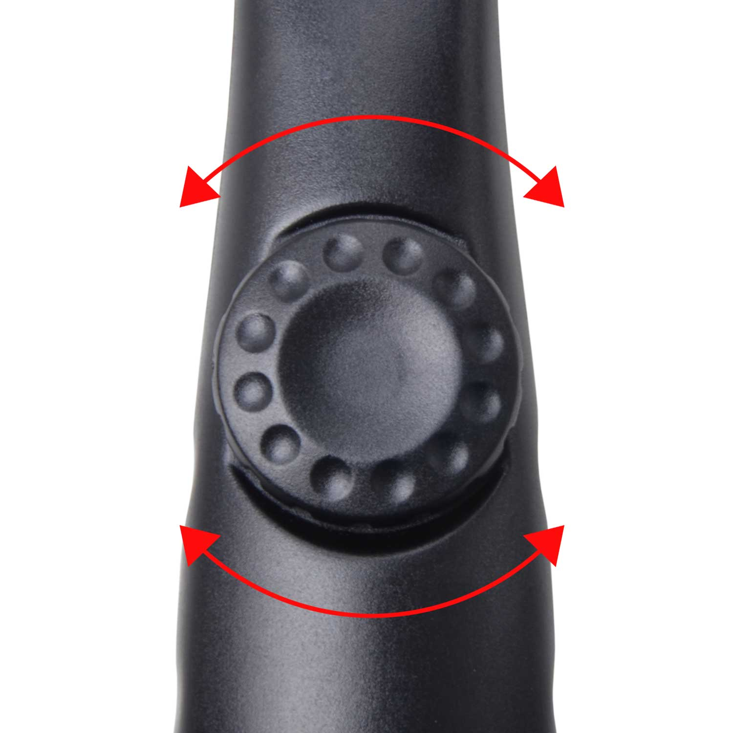 Schwarzer Drehknopf mit roten Pfeilen, die Rotation anzeigen.